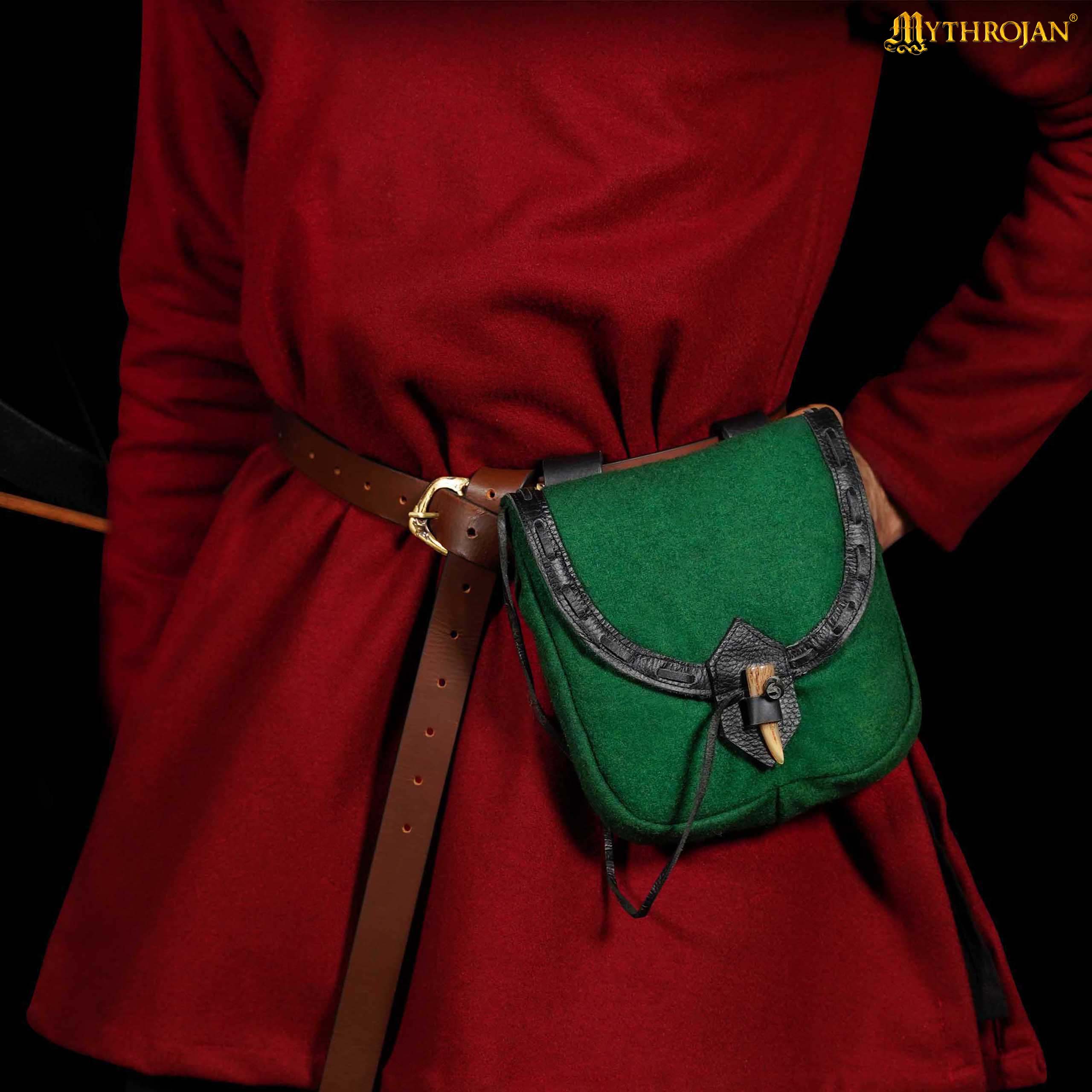 Mythrojan “The Adventurer’s” Belt Bag with Horn Toggle, Ideal for SCA LARP Reenactment & Ren fair, Full Grain Leather and High - Quality Wool , Green , 8” × 7”