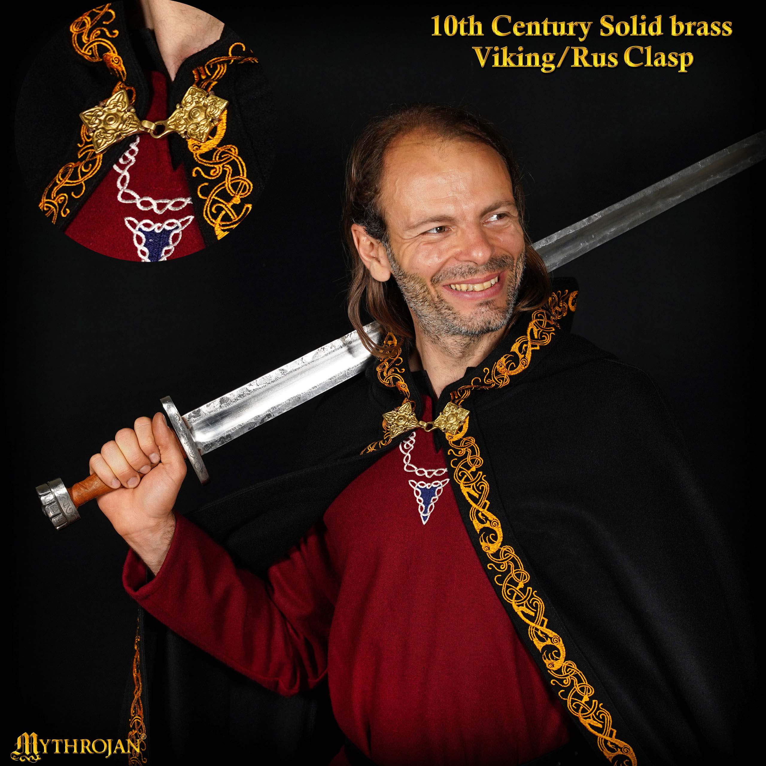 Mythrojan Embroidered Woolen Hooded Cloak /Cape with delicate BRASS BROOCH Medieval Wool C ape for Ranger LARP SCA Cosplay, Black , Large
