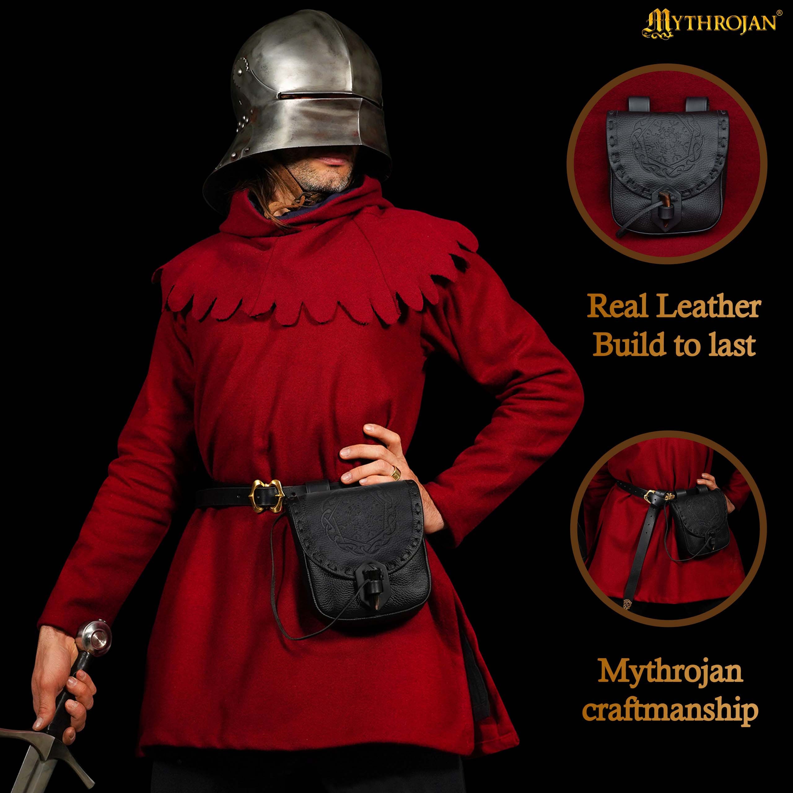 Mythrojan “The Adventurer’s” Belt Bag with Horn Toggle, ideal for SCA LARP reenactment & Ren fair, Full Grain Leather, Black 7”