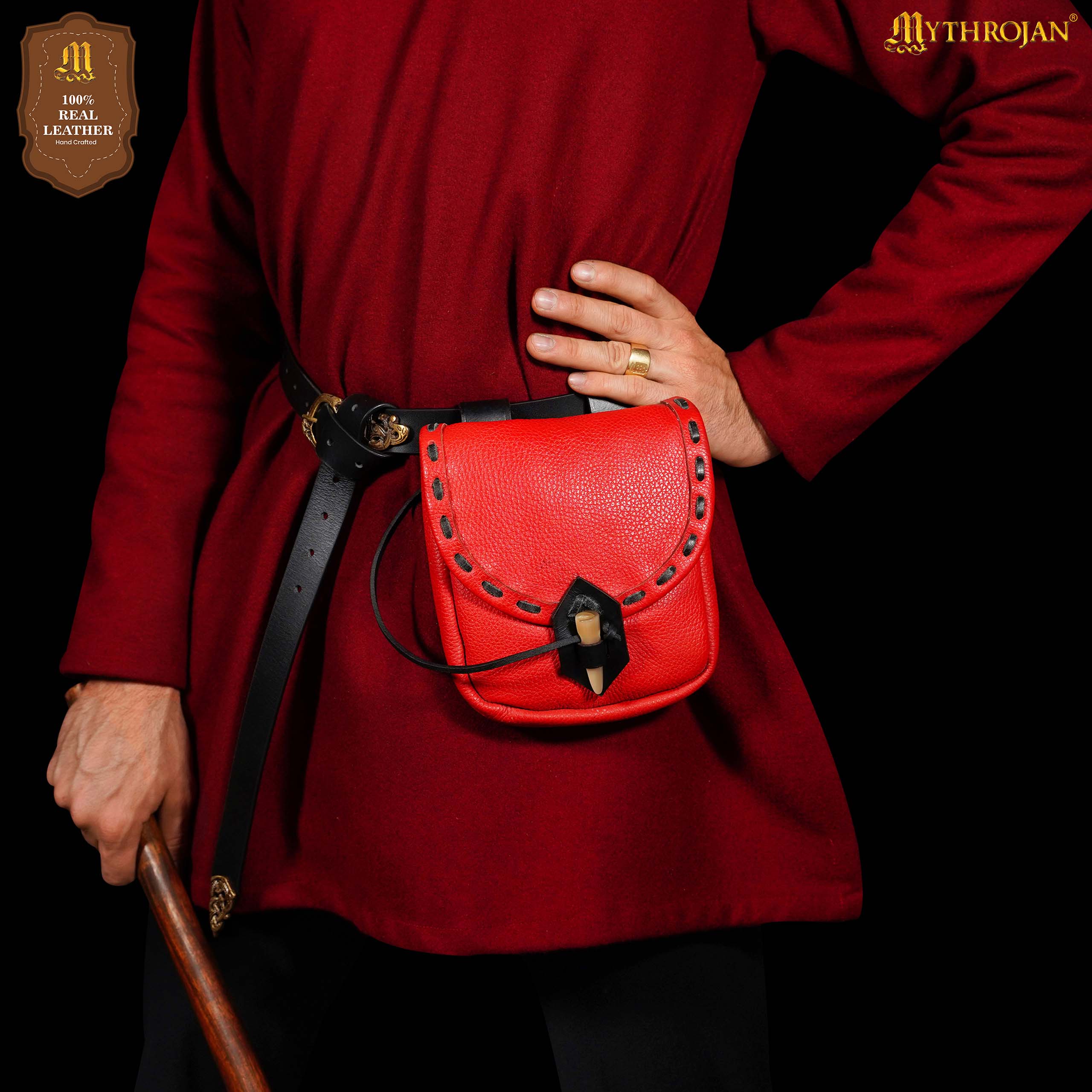 Mythrojan “The Adventurer’s” Belt Bag with Horn Toggle, Ideal for SCA LARP Reenactment & Ren fair, Full Grain Leather, Red, 8”x 7”