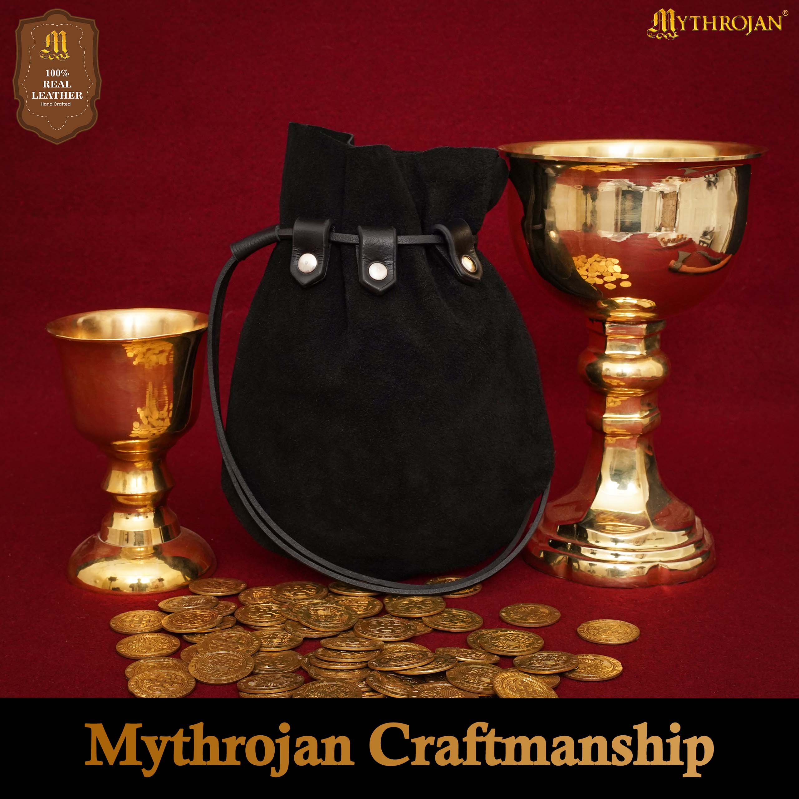 Mythrojan “ Gold and Dice ” Medieval Drawstring Bag, Ideal for SCA LARP Reenactment & Ren fair Suede Leather Pouch, Black 9.2” ×7.2 ”