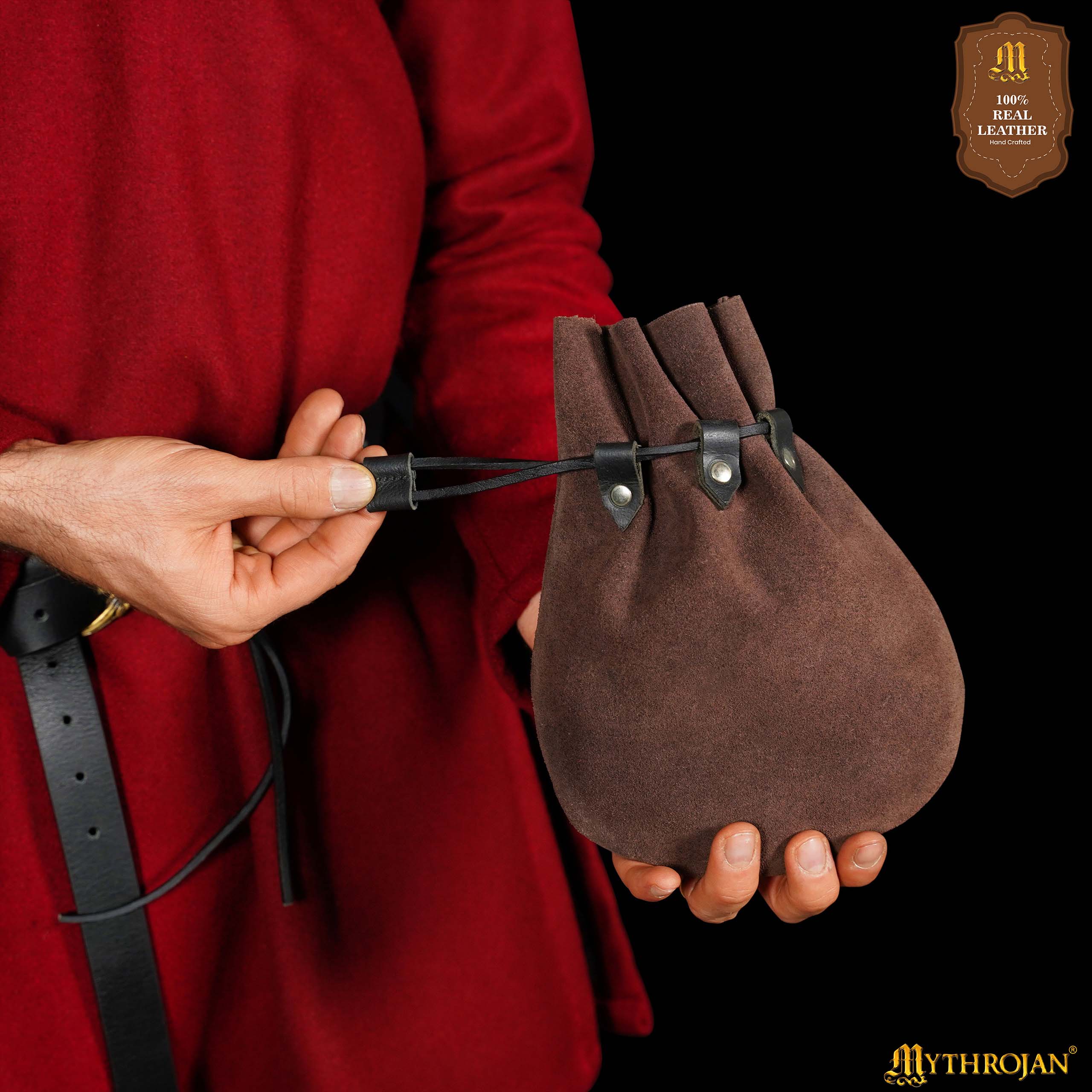 Mythrojan “ Gold and Dice ” Medieval Drawstring Bag, Ideal for SCA LARP Reenactment & Ren fair Suede Leather Pouch, Chocolate Brown 9.2” ×7.2 ”