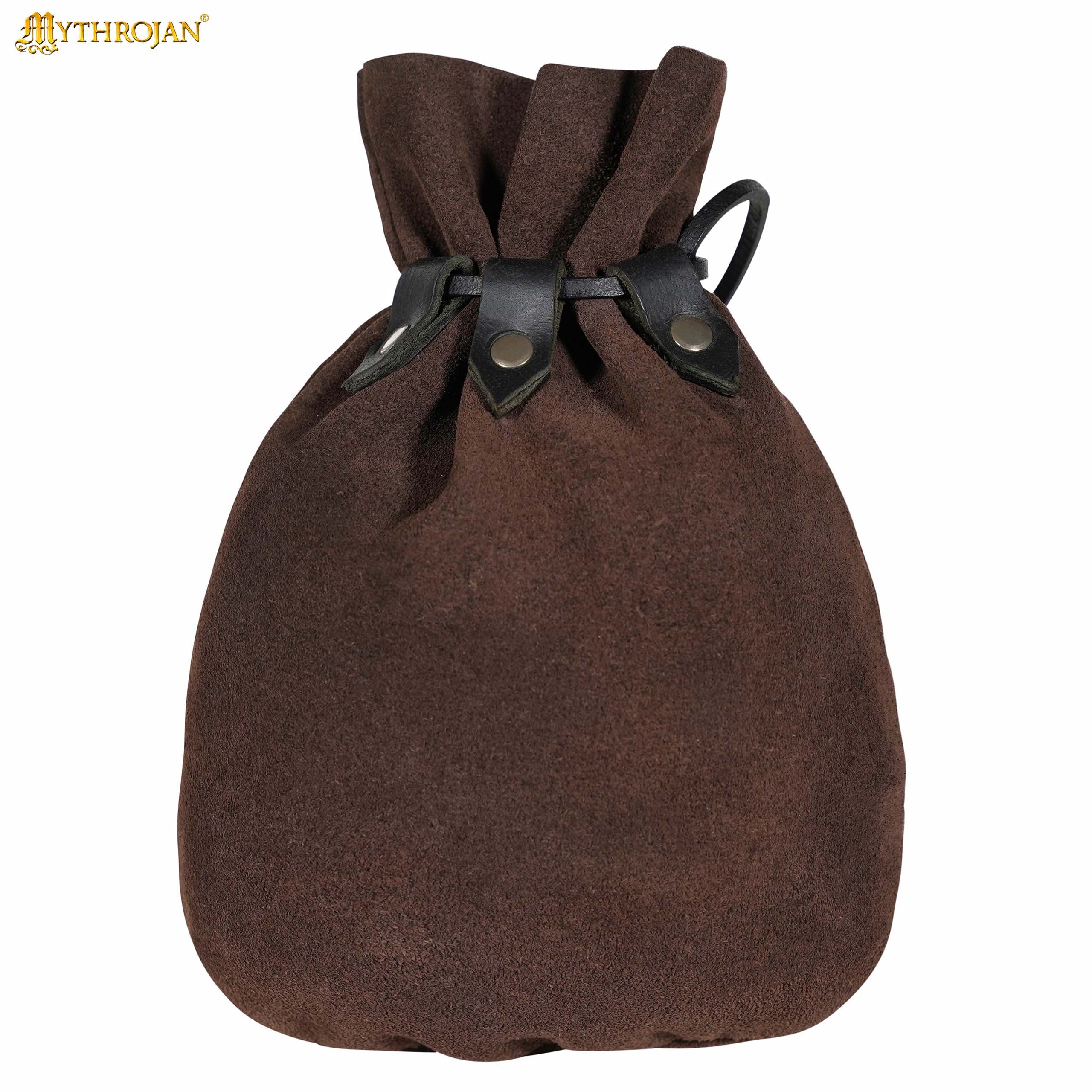 Mythrojan “ Gold and Dice ” Medieval Drawstring Bag, Ideal for SCA LARP Reenactment & Ren fair Suede Leather Pouch, Chocolate Brown 9.2” ×7.2 ”