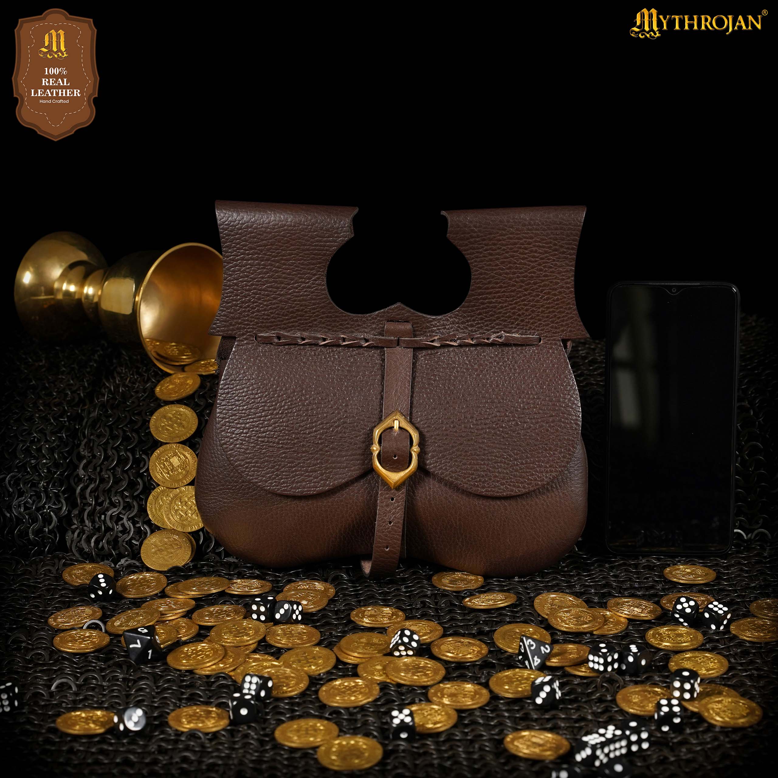 Mythrojan Classic Medieval Belt Bag with Solid Brass Buckle, Ideal for SCA LARP Reenactment & Ren Fair, Full Grain Leather, Brown 8.5”×9”