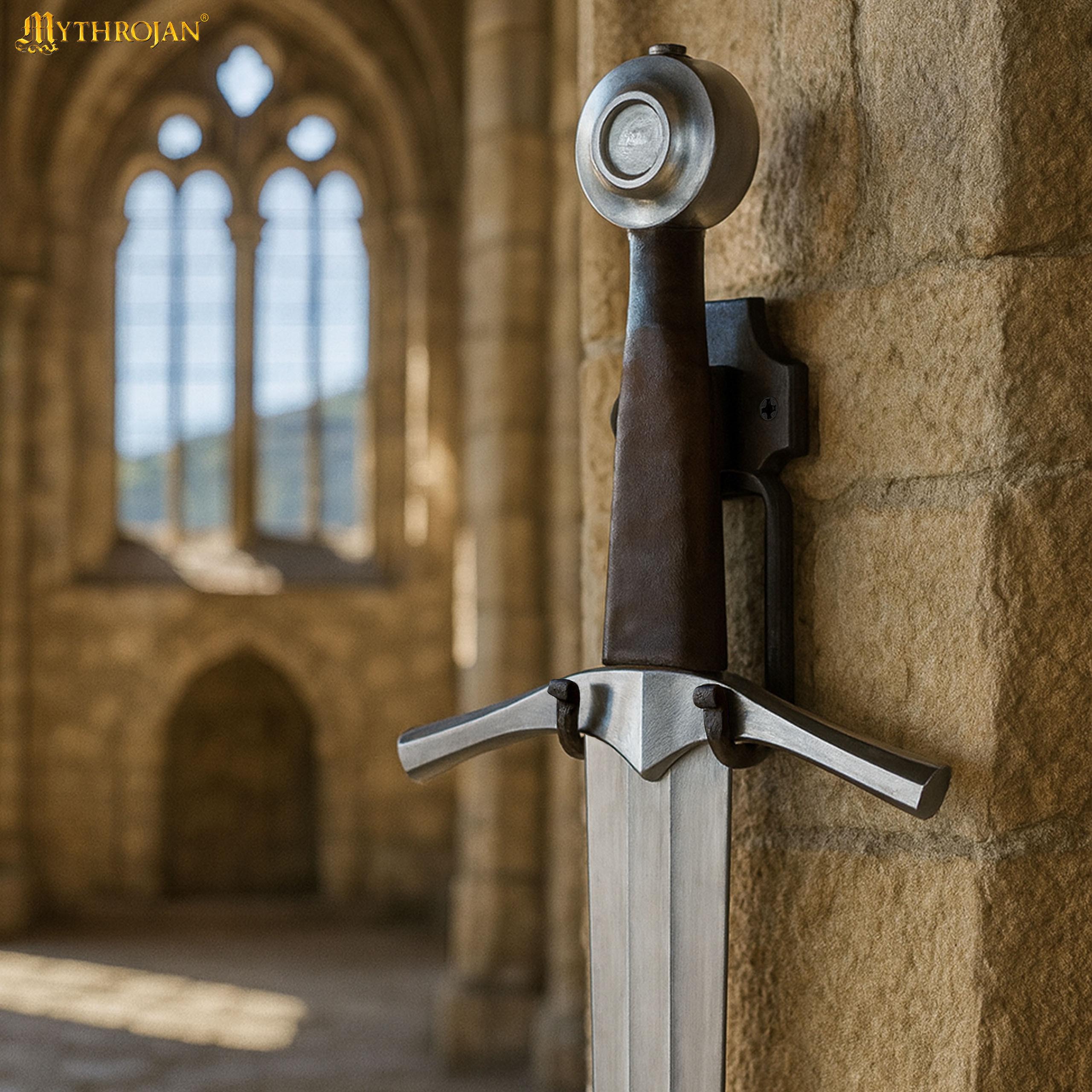Mythrojan Slender Sword Wall Mount in Forged Black Finish: Universal Sword Holder Wall Display