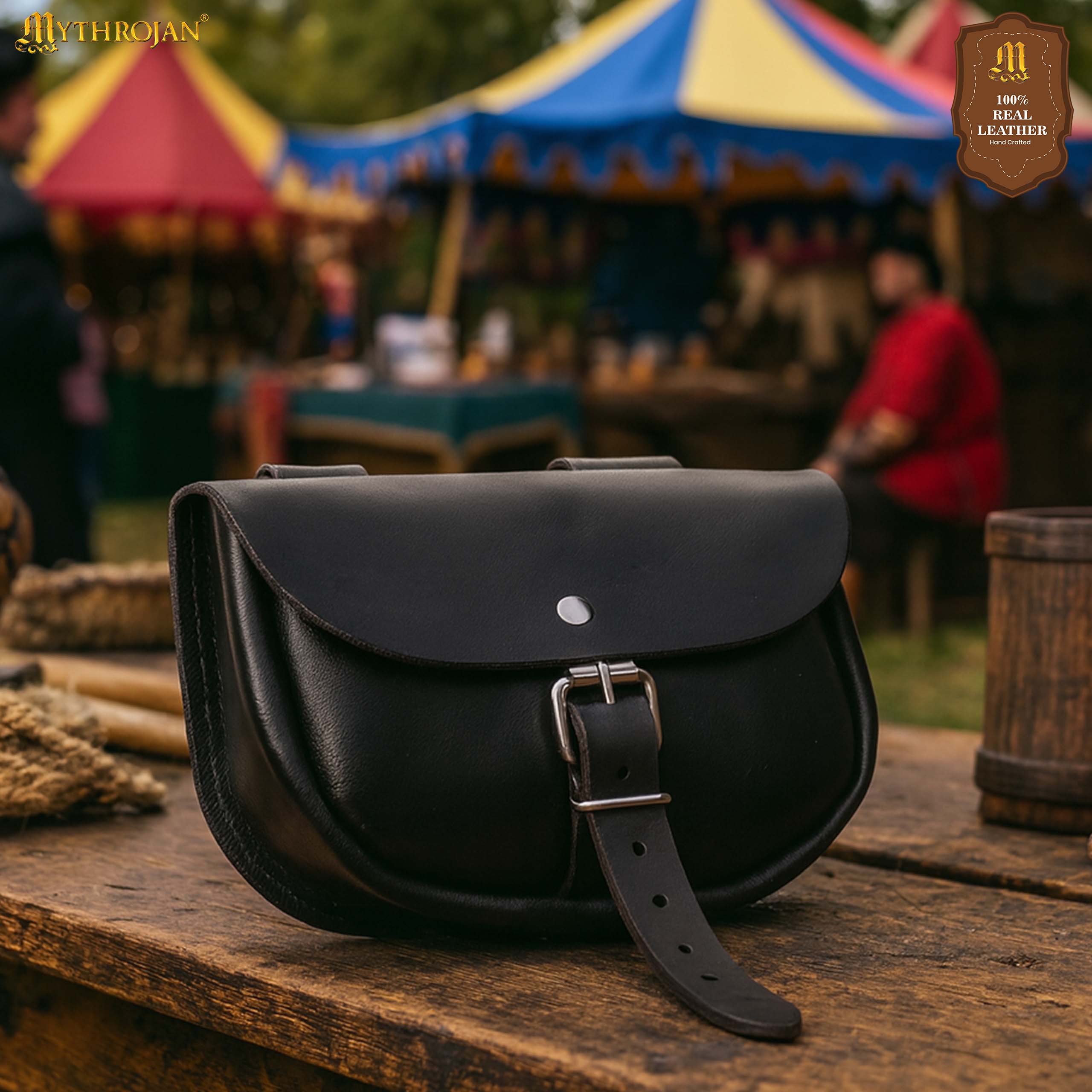 Mythrojan “ The Medieval Burglar ” Leather Bag, Ideal for SCA LARP Reenactment & Ren fair - Full Grain Leather, Black 4.7 ” ×6.2 ”