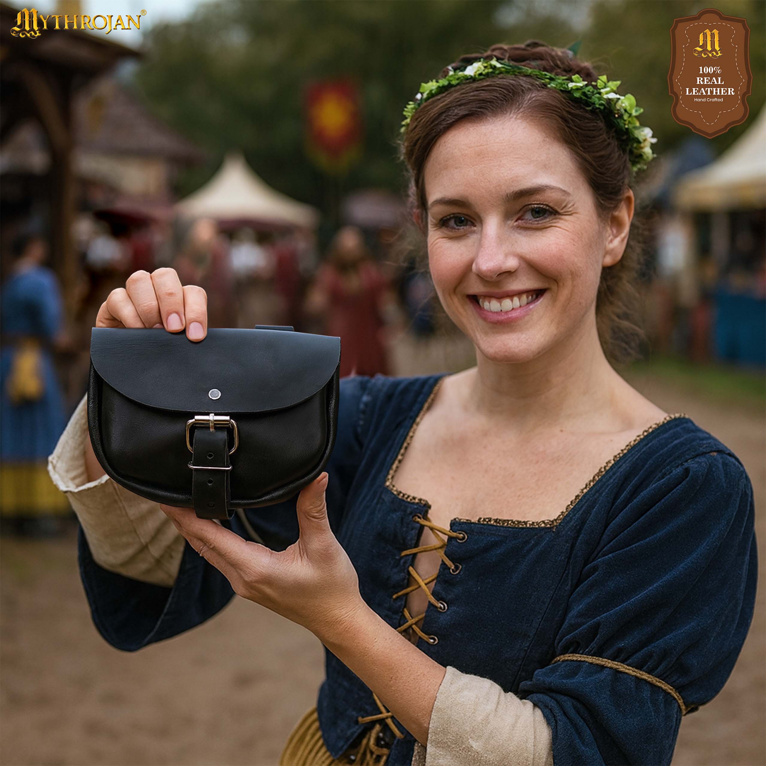 Mythrojan “ The Medieval Burglar ” Leather Bag, Ideal for SCA LARP Reenactment & Ren fair - Full Grain Leather, Black 4.7 ” ×6.2 ”