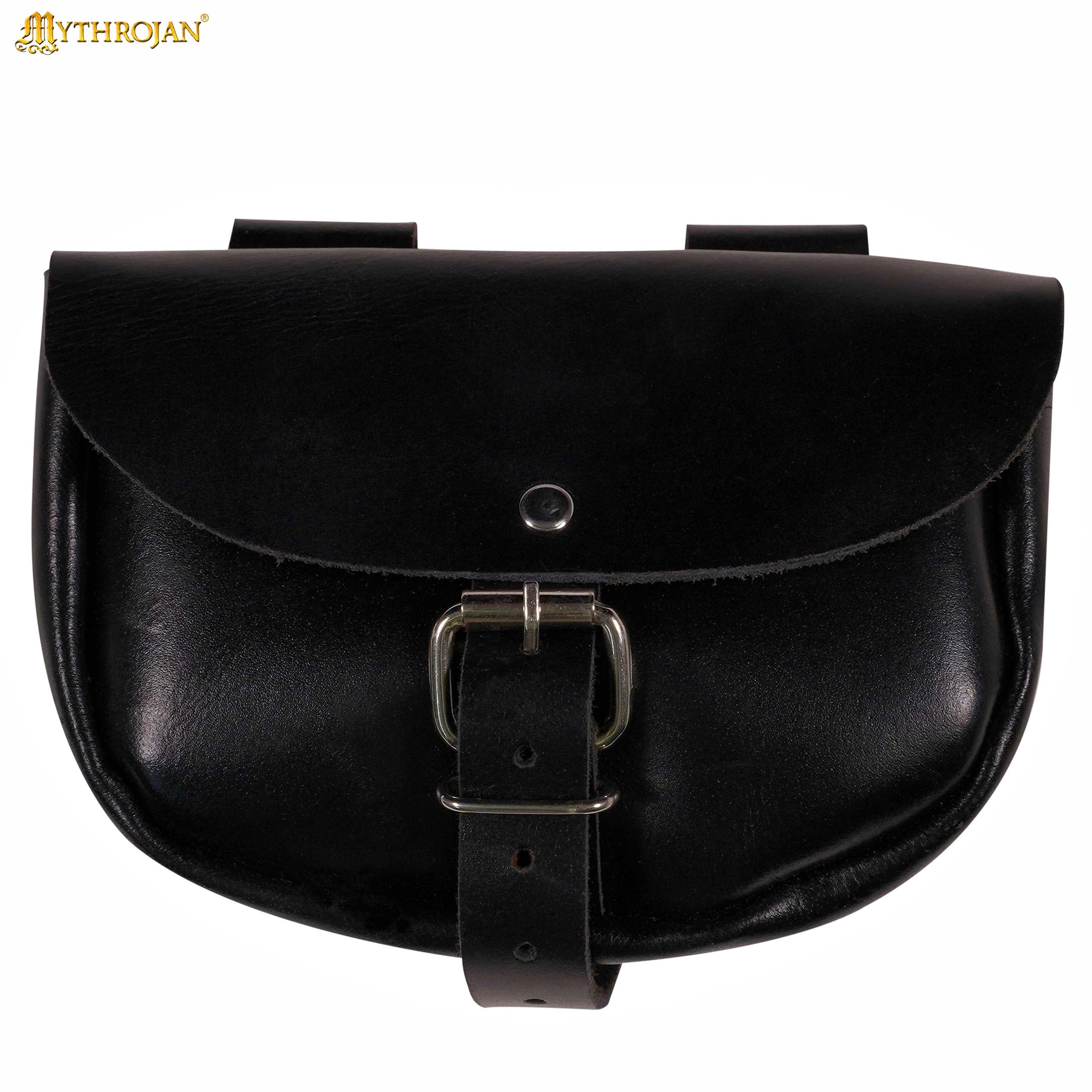 Mythrojan “ The Medieval Burglar ” Leather Bag, Ideal for SCA LARP Reenactment & Ren fair - Full Grain Leather, Black 4.7 ” ×6.2 ”