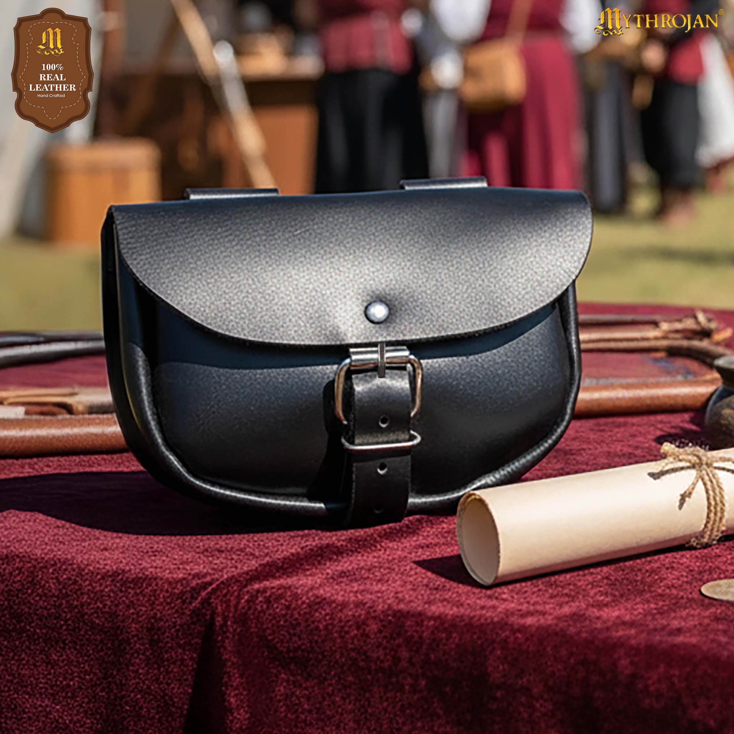 Mythrojan “ The Medieval Burglar ” Leather Bag, Ideal for SCA LARP Reenactment & Ren fair - Full Grain Leather, Black 4.7 ” ×6.2 ”