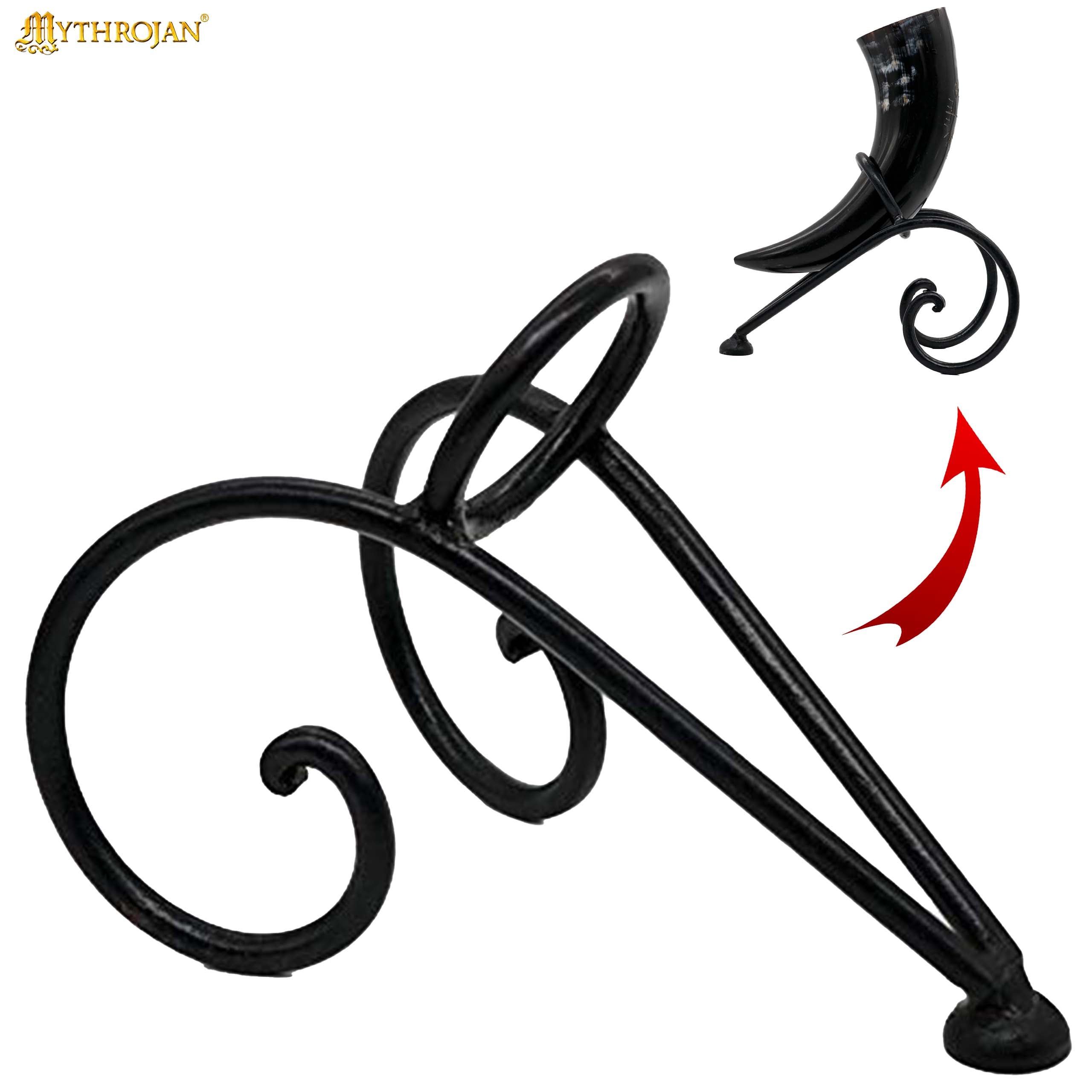 Mythrojan Hand Forged Drinking Ale Horn Rack Twisted Iron Ale Mead Horn Stand Medieval & Viking - Length 8.5" x Height 5.5"