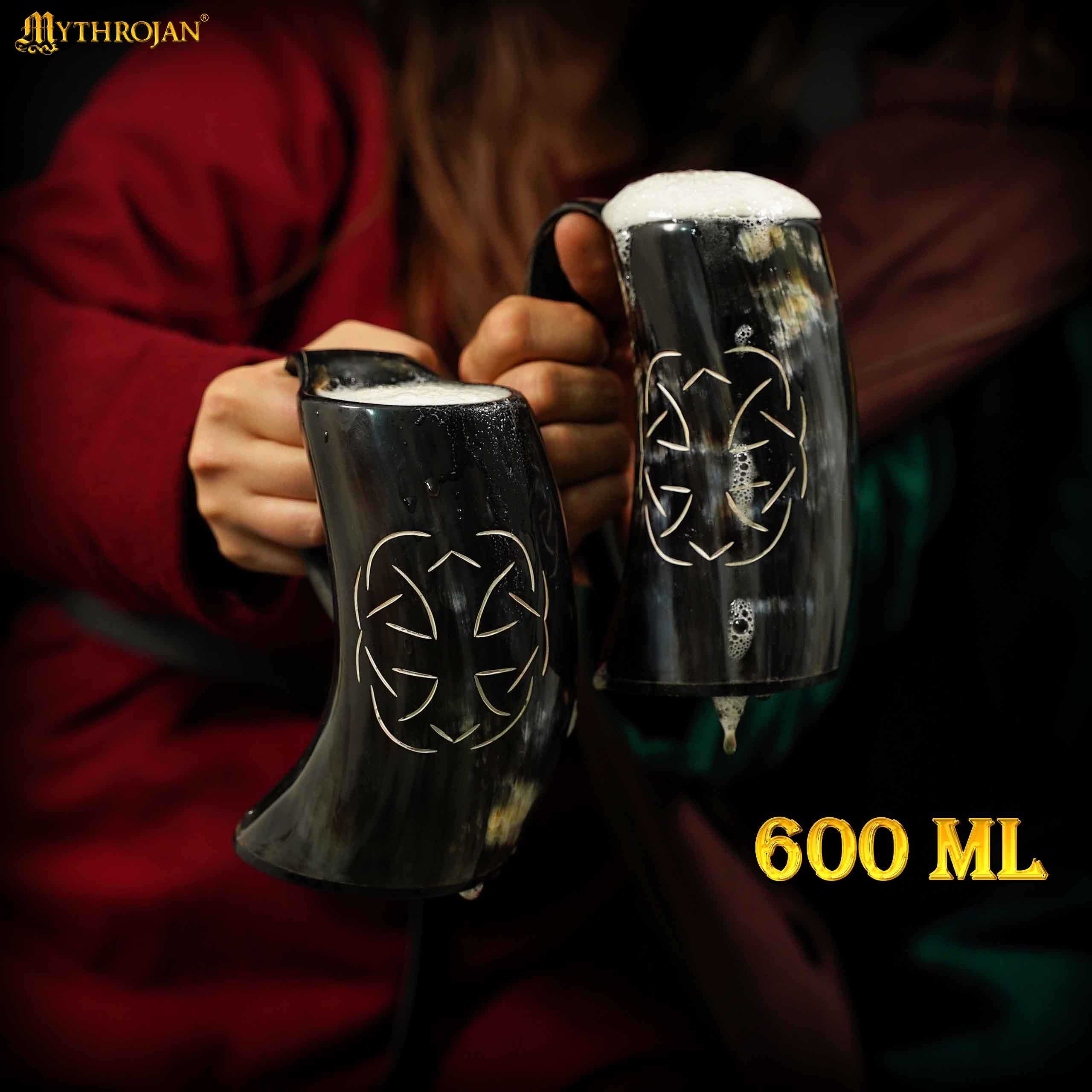 Mythrojan Tumbler Viking Drinking Cup with Handle & Medieval Buckle Renaissance with Leather Strap - Celtic Father Knot
