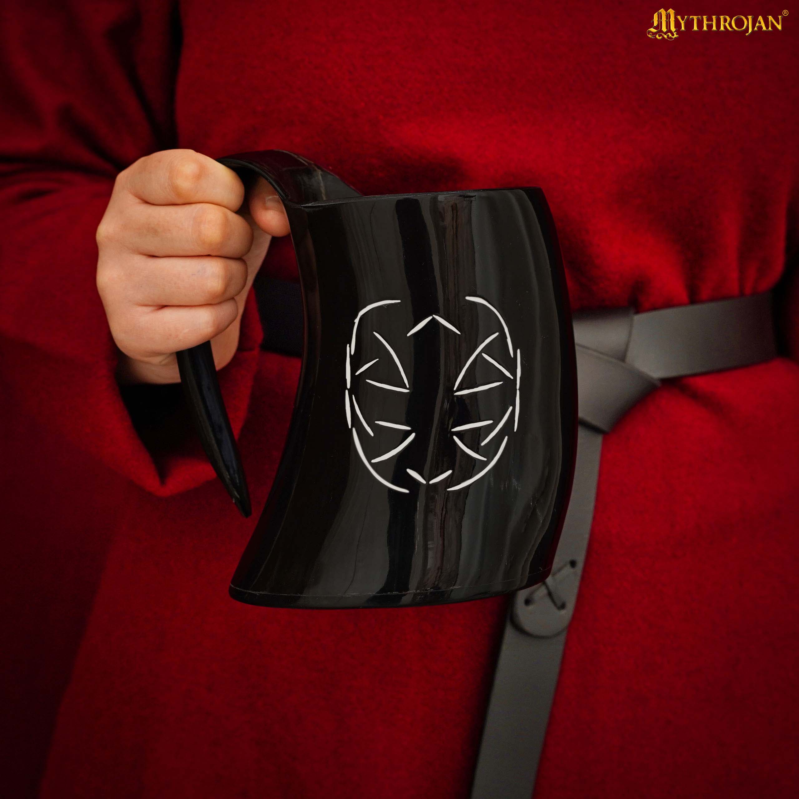 Mythrojan Tumbler Viking Drinking Cup with Handle & Medieval Buckle Renaissance with Leather Strap - Celtic Father Knot