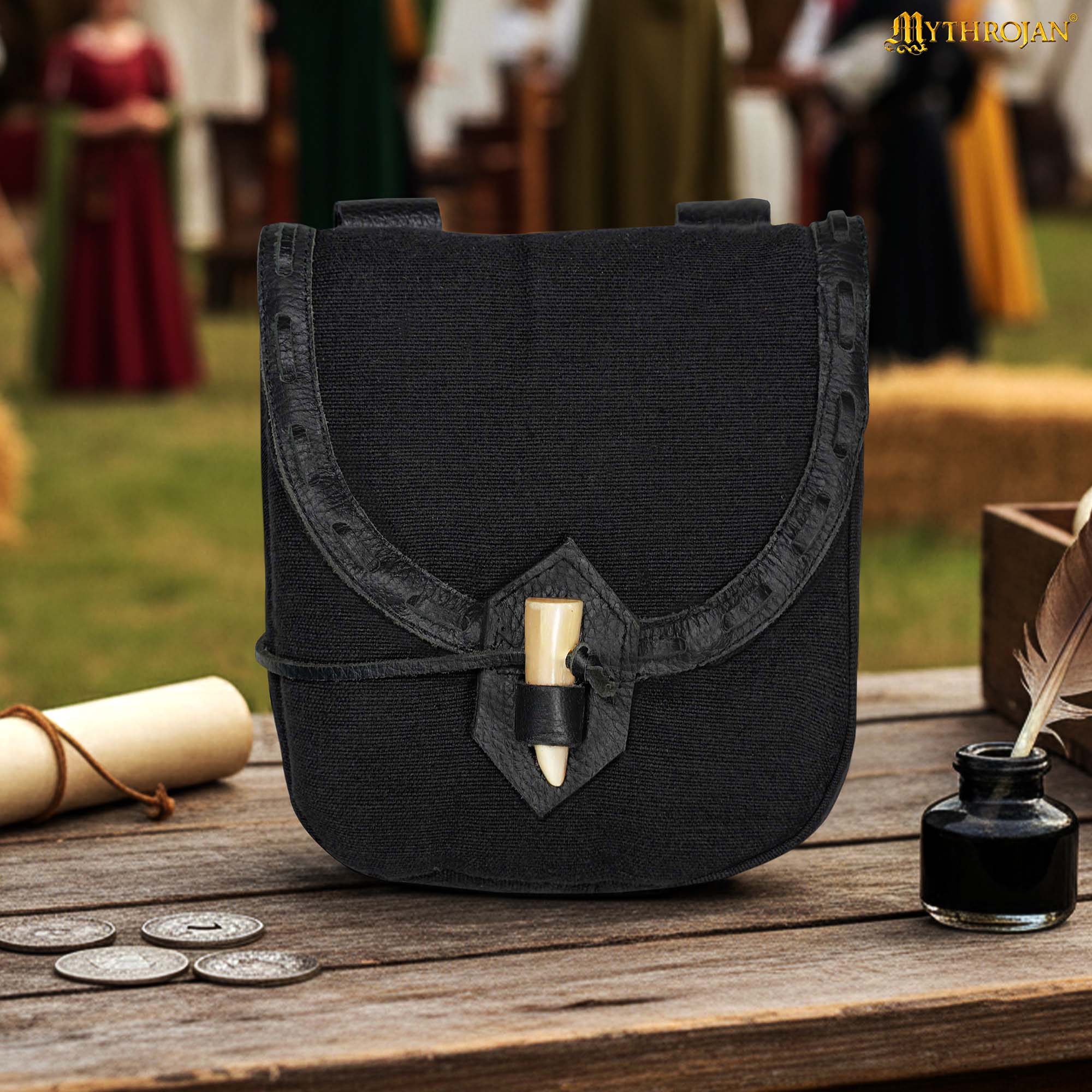 Mythrojan “The Adventurer’s” Belt Bag with Horn Toggle, Ideal for SCA LARP Reenactment & Ren fair, Full Grain Leather and Handwoven Canvas , Black , 8” × 7”