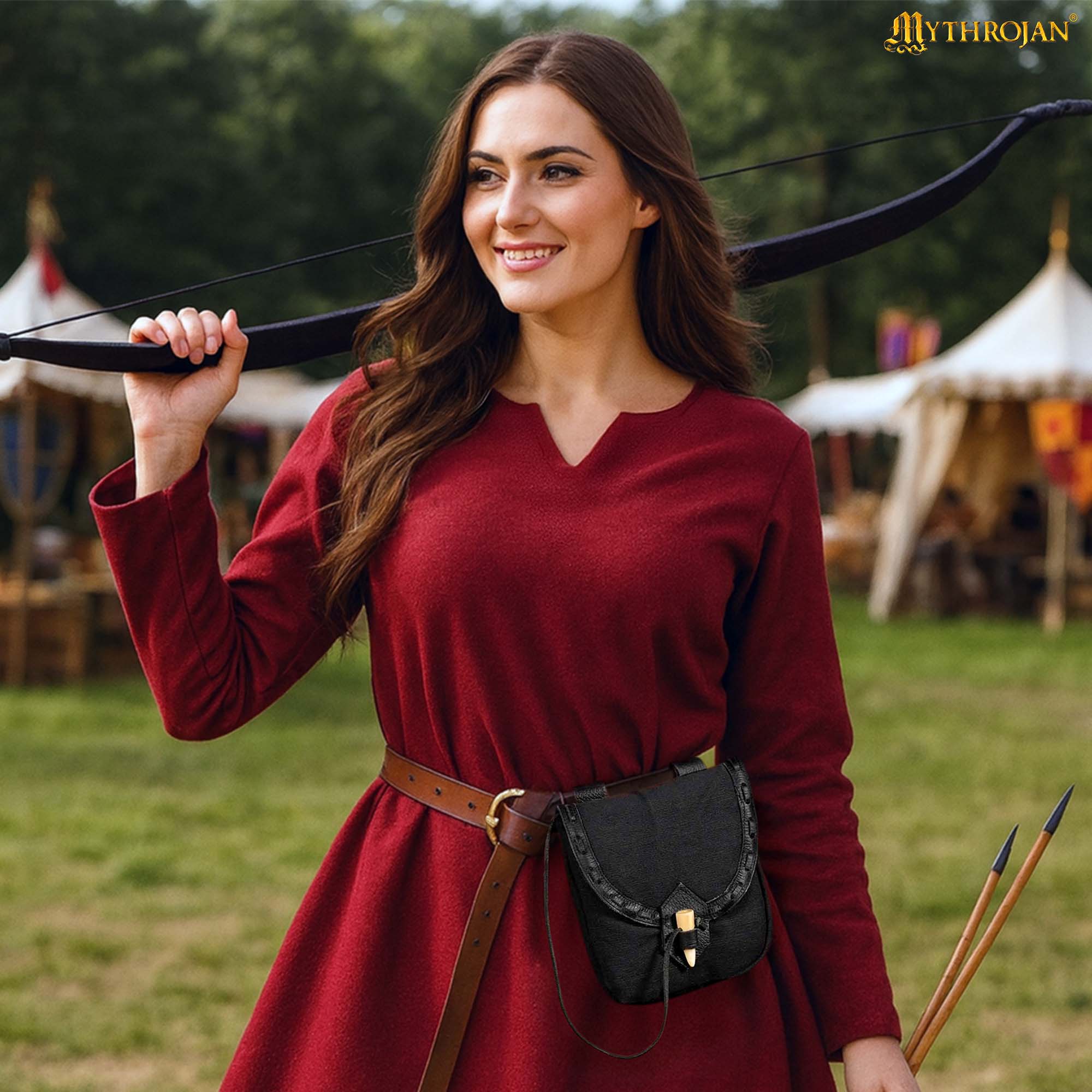 Mythrojan “The Adventurer’s” Belt Bag with Horn Toggle, Ideal for SCA LARP Reenactment & Ren fair, Full Grain Leather and Handwoven Canvas , Black , 8” × 7”