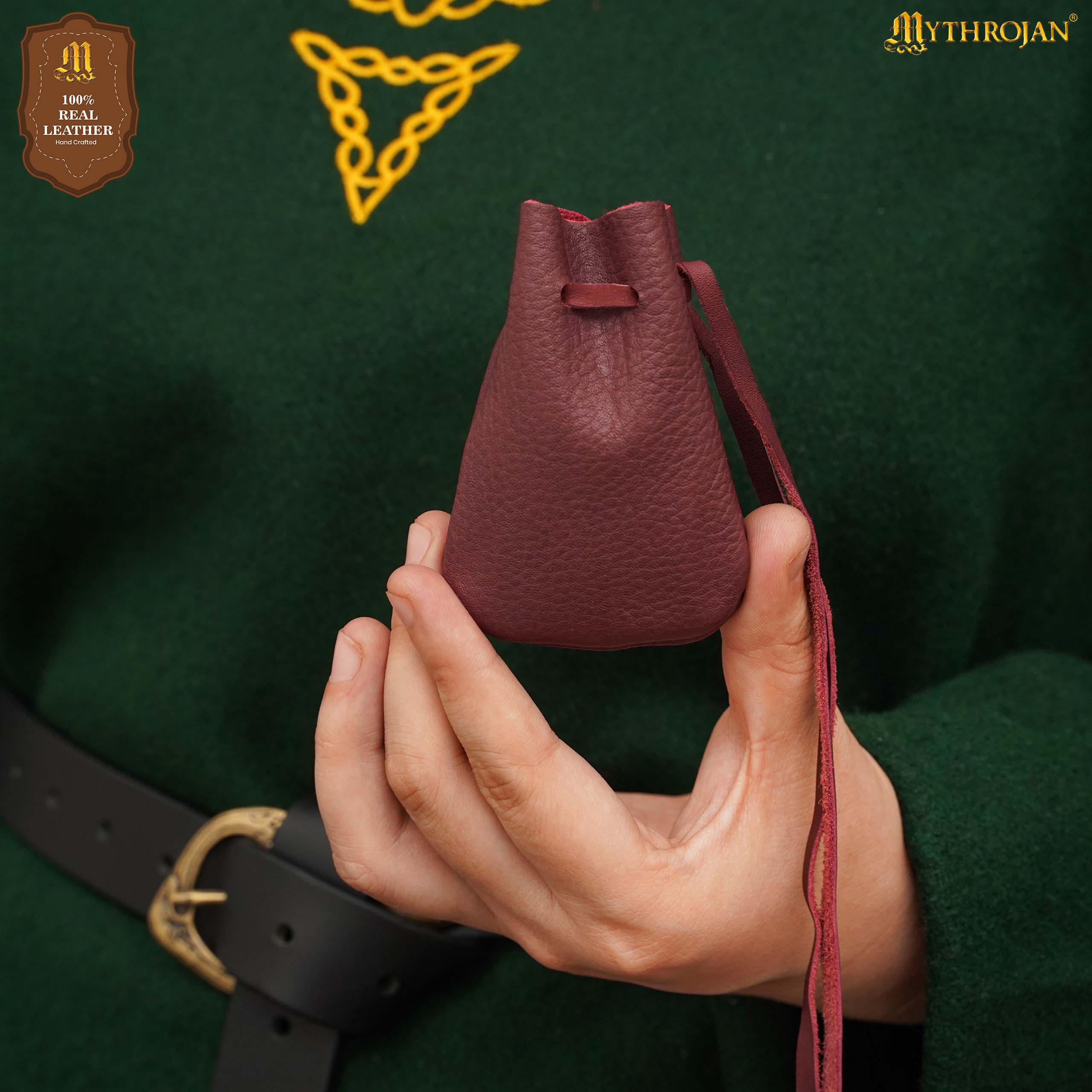 Mythrojan Pair of Medieval Drawstring Pouches, Ideal for SCA LARP Reenactment & Ren fair - Suede Leather, Wine Red
