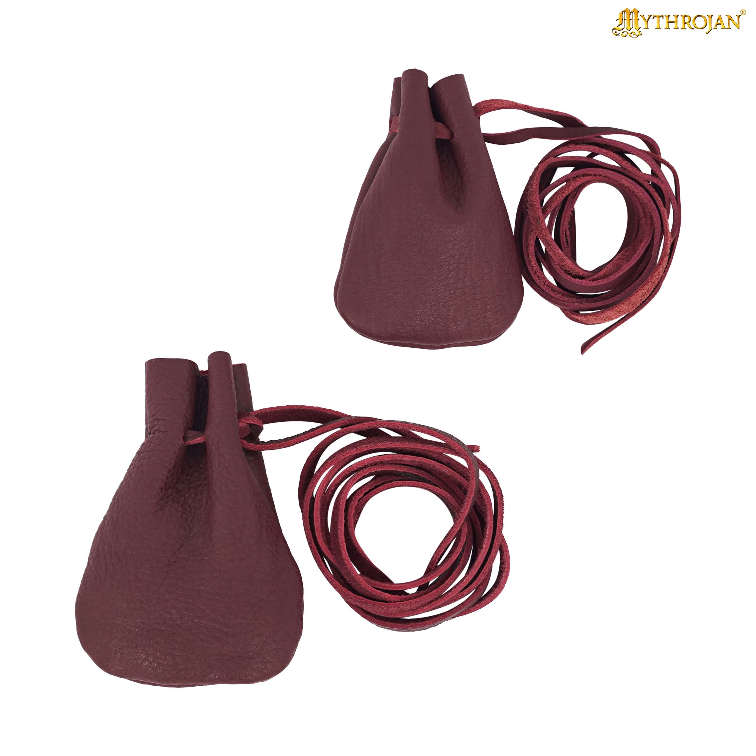 Mythrojan Pair of Medieval Drawstring Pouches, Ideal for SCA LARP Reenactment & Ren fair - Suede Leather, Wine Red