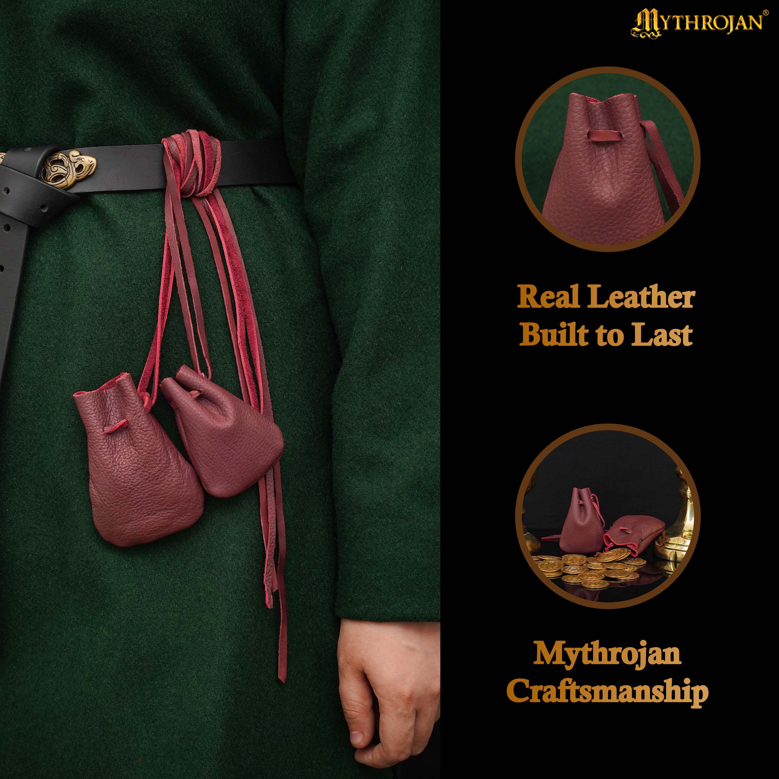 Mythrojan Pair of Medieval Drawstring Pouches, Ideal for SCA LARP Reenactment & Ren fair - Suede Leather, Wine Red