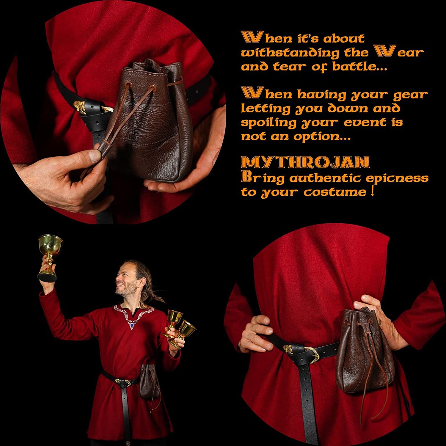 Mythrojan Medieval Drawstring Bag, Ideal for SCA LARP Reenactment & Ren Fair-Full Grain Leather, Brown 8.5" - Large