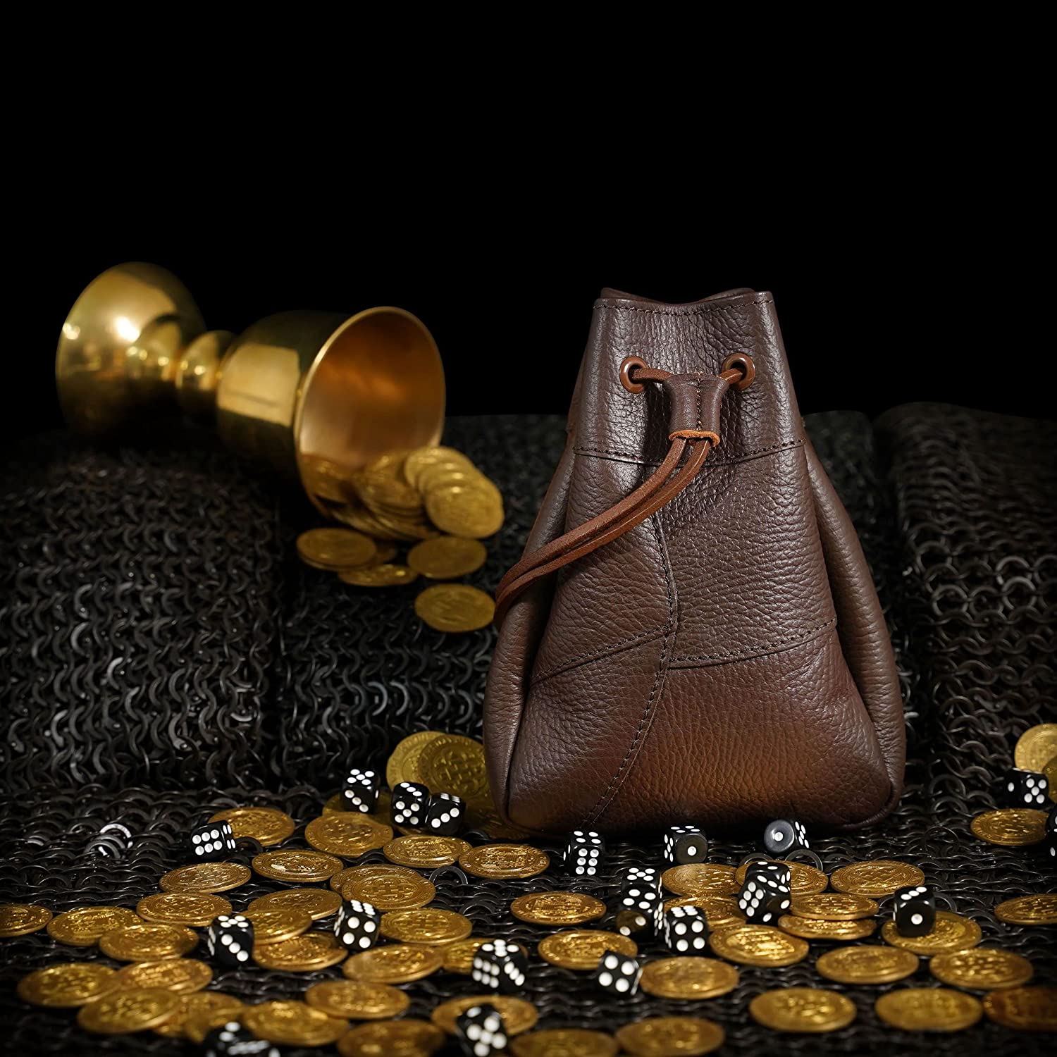 Mythrojan Medieval Drawstring Bag, Ideal for SCA LARP Reenactment & Ren Fair-Full Grain Leather, Brown 8.5" - Large