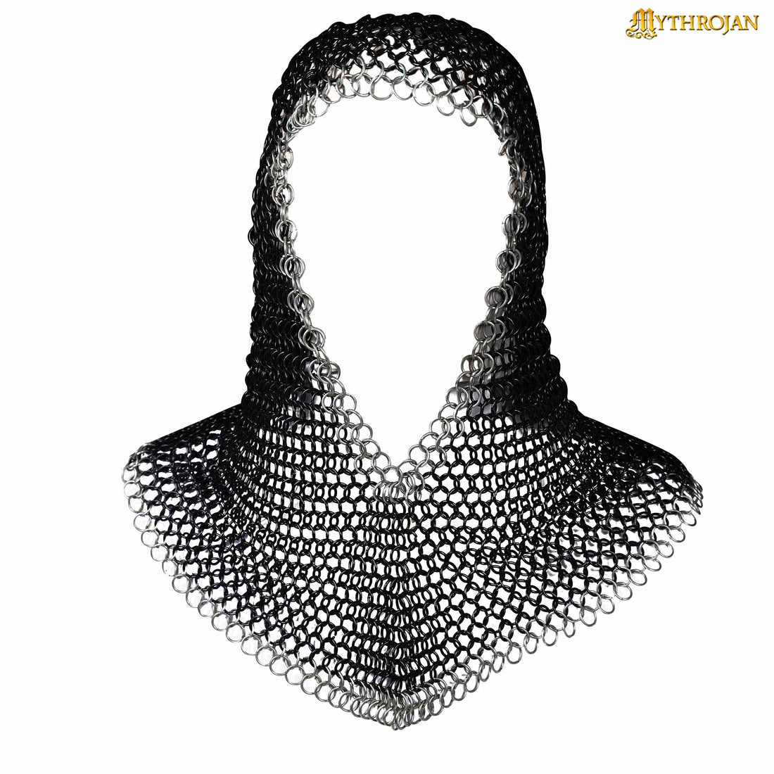 Mythrojan Medieval Chainmail Coif Butted Mild Steel, Medieval SCA Reenactments Medieval Events, Black Finish with Zinc Plated Edges, L