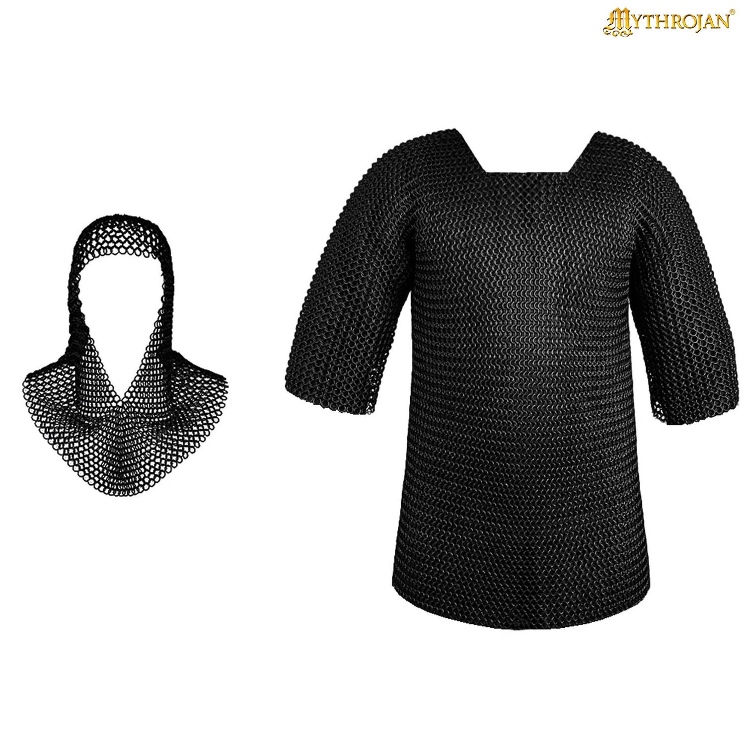 Mythrojan Chainmail Shirt with Coif Medieval Knight Armor Costume – Black Finish