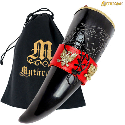 Mythrojan The King of The North - Viking Drinking Horn with Leather Holder - Polished Finish - 300 ML / with Red Leather Holder - 300ML