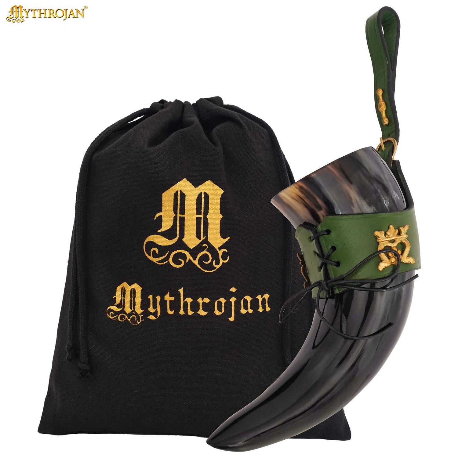 Mythrojan"THE ELEGANT LADY" Viking Drinking Horn with Leather Holder Authentic Medieval Inspired Viking Wine/Mead Mug - Polished Finish - 250 ML / Green