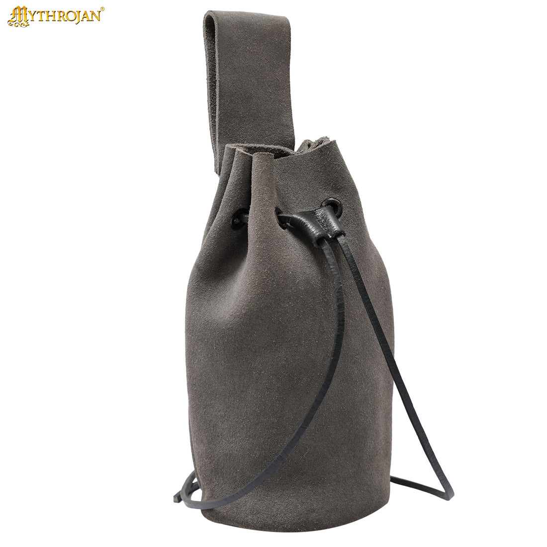 Mythrojan Medieval Drawstring Belt Bag, Ideal for SCA LARP Reenactment &amp; Ren Fair, Suede Leather, Grey, 8”×6.5”