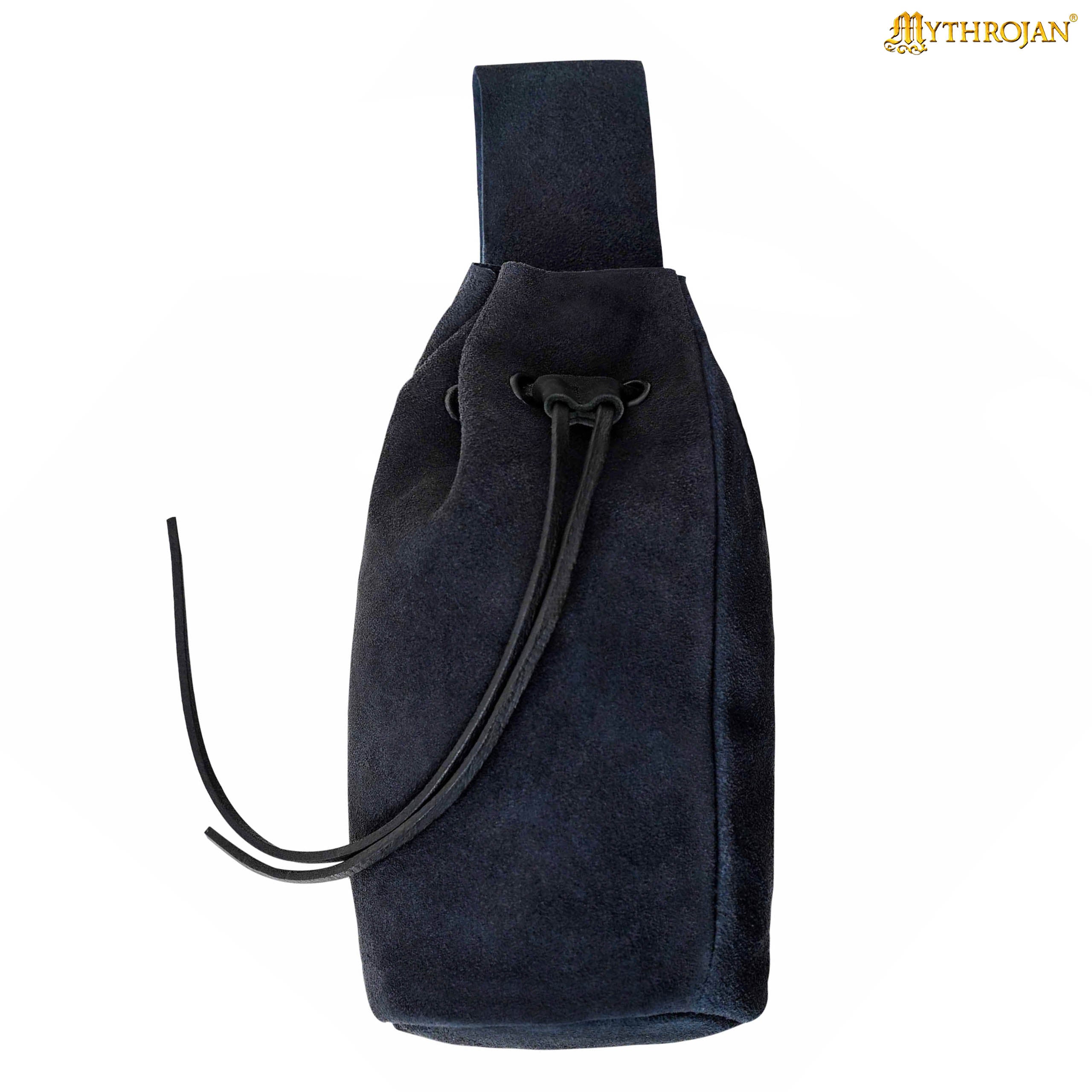 Mythrojan Medieval Drawstring Belt Bag, Ideal for SCA LARP  Reenactment &amp; Ren fair , Suede Leather , Midnight Navy blue 8” ×6.5 ”