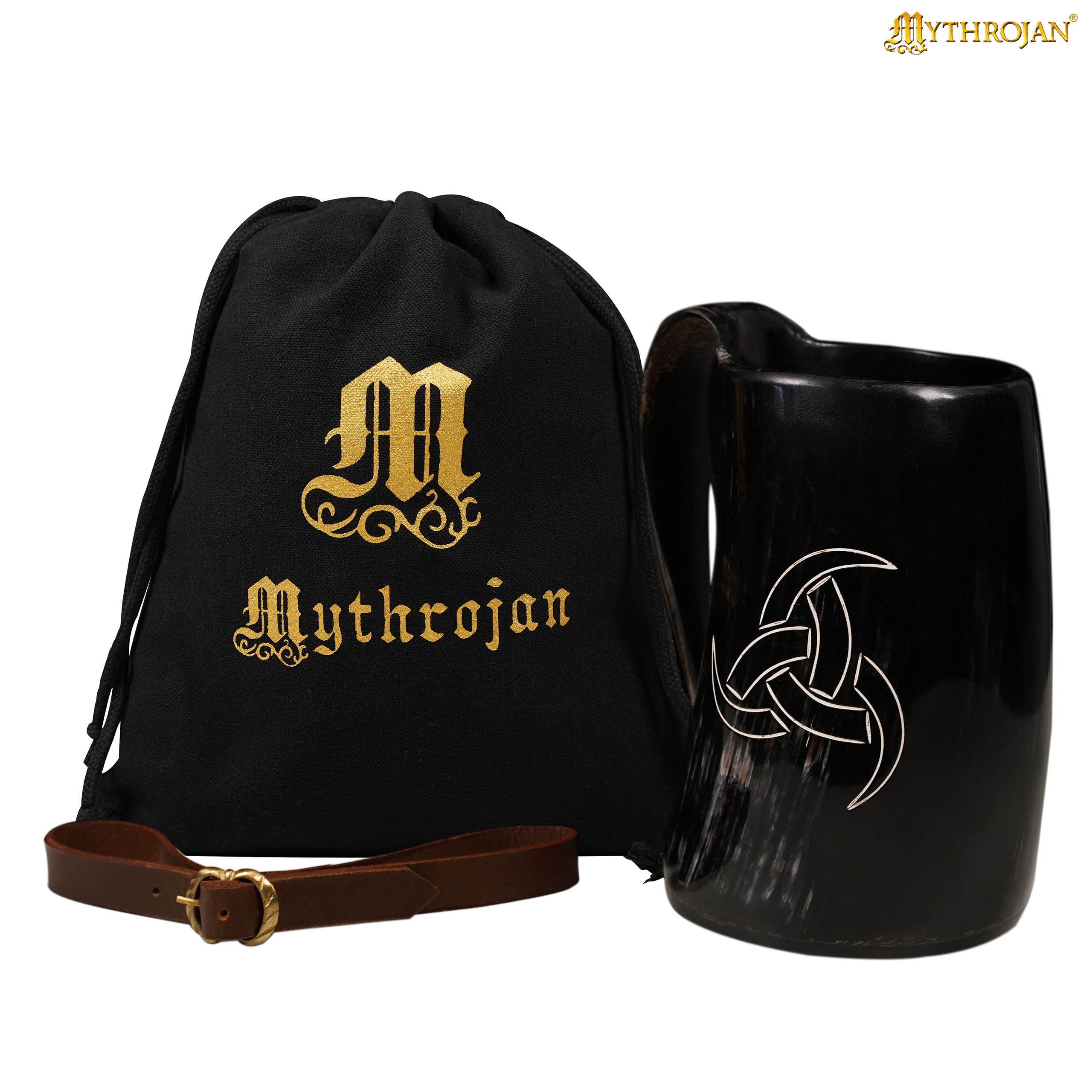 Mythrojan Viking Drinking Tankard with Medieval Buckle Leather Strap Wine Beer Mead Mug  - Polished Finish – Odin’s Tankard