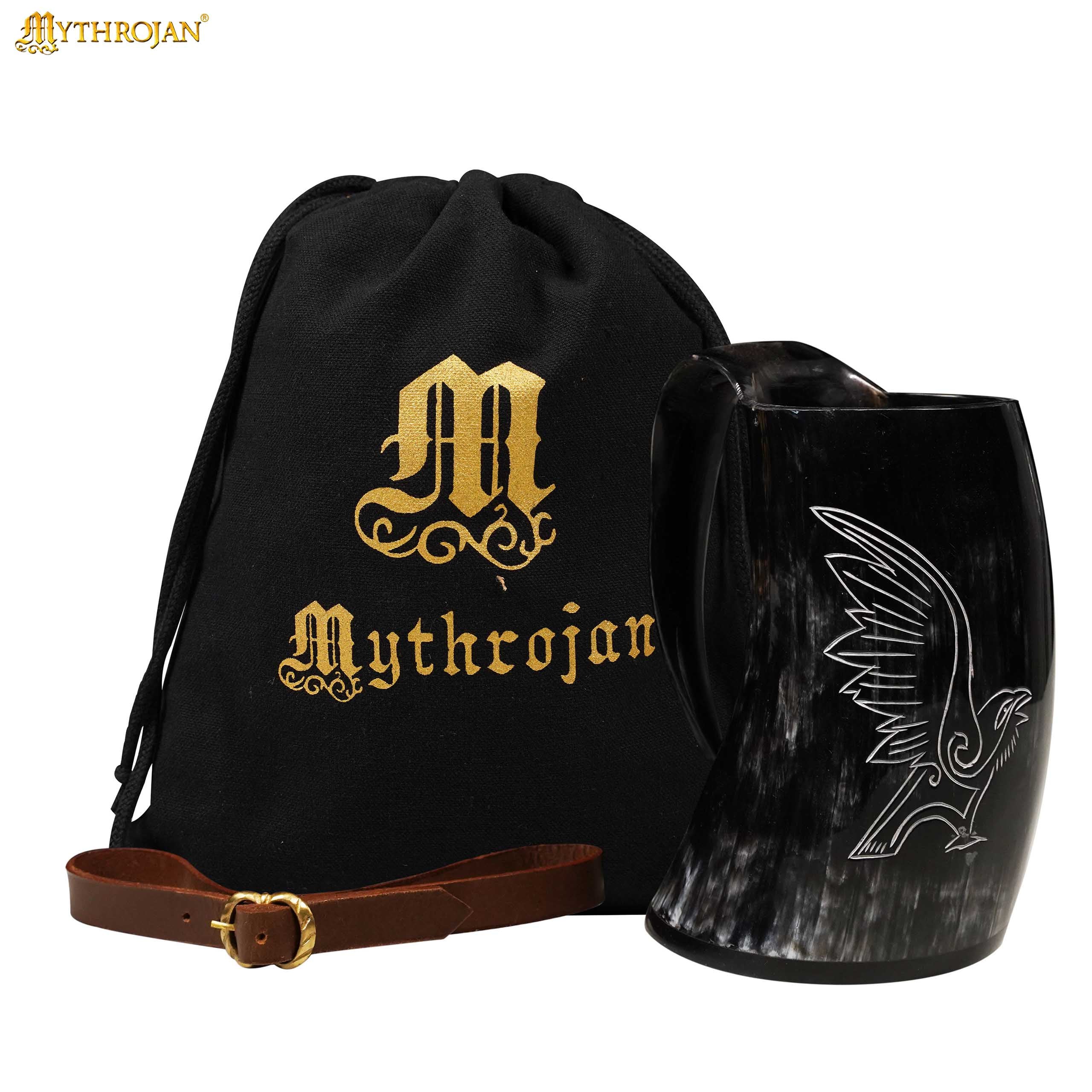 Mythrojan Viking Drinking Tankard with Medieval Buckle Leather Strap Holder Wine Beer Mead Mug 600ml - Polished Finish – Odin’s Raven