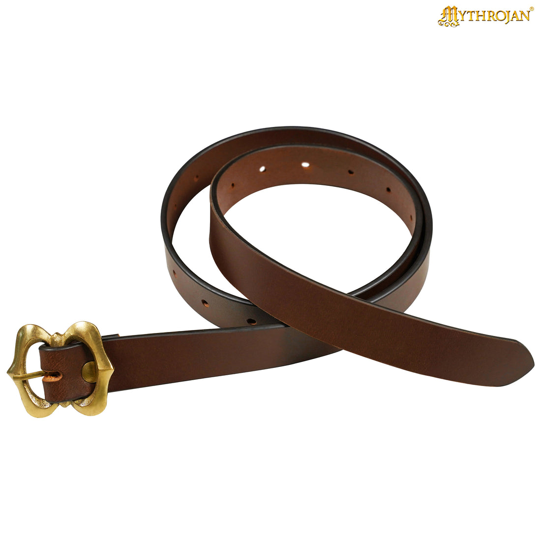 Mythrojan Medieval Leather Renaissance Viking Belt with Brass Buckle - Brown