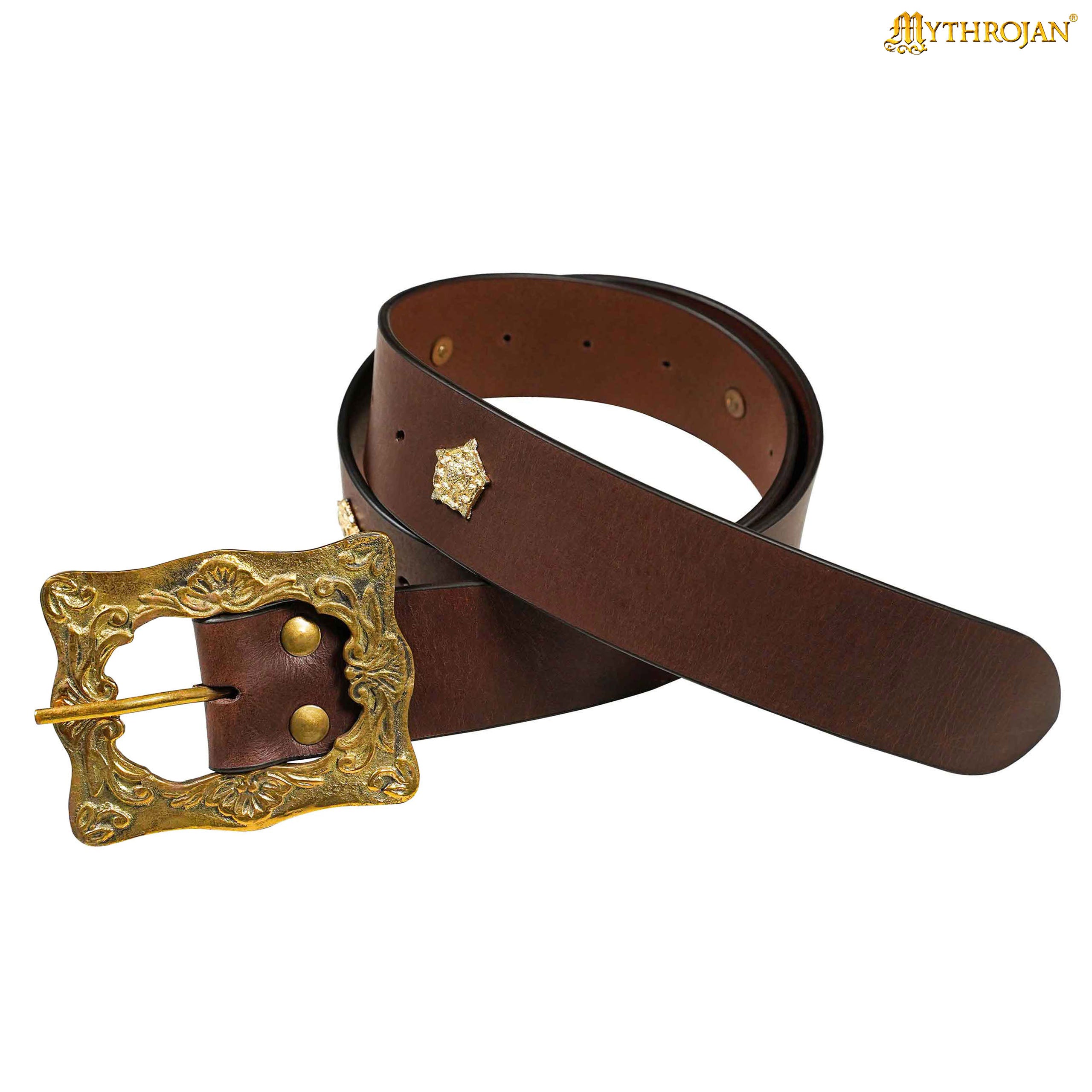 Mythrojan “The Venturing Pirate” Leather Belt with Solid Brass Buckle, Ideal for LARP SCA Medieval Renaissance Knight Reenactment, Brown