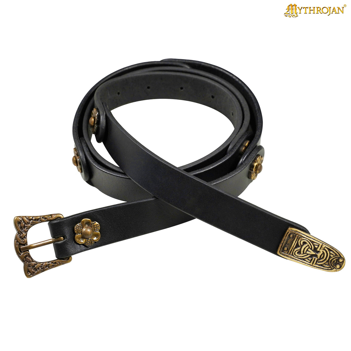 Mythrojan “Laguerta” Viking Leather Belt with Solid Brass historical Buckle and Chape, Ideal for shieldmaiden &amp; warrior in LARP SCA Medieval Reenactment, BROWN