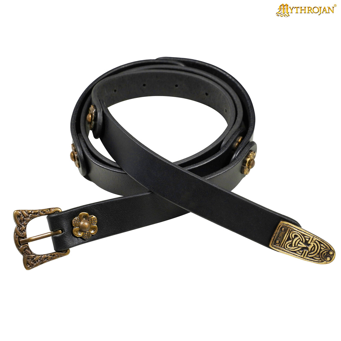 Mythrojan “Laguerta” Viking Leather Belt with Solid Brass historical Buckle and Chape, Ideal for shieldmaiden &amp; warrior in LARP SCA Medieval Reenactment, BLACK