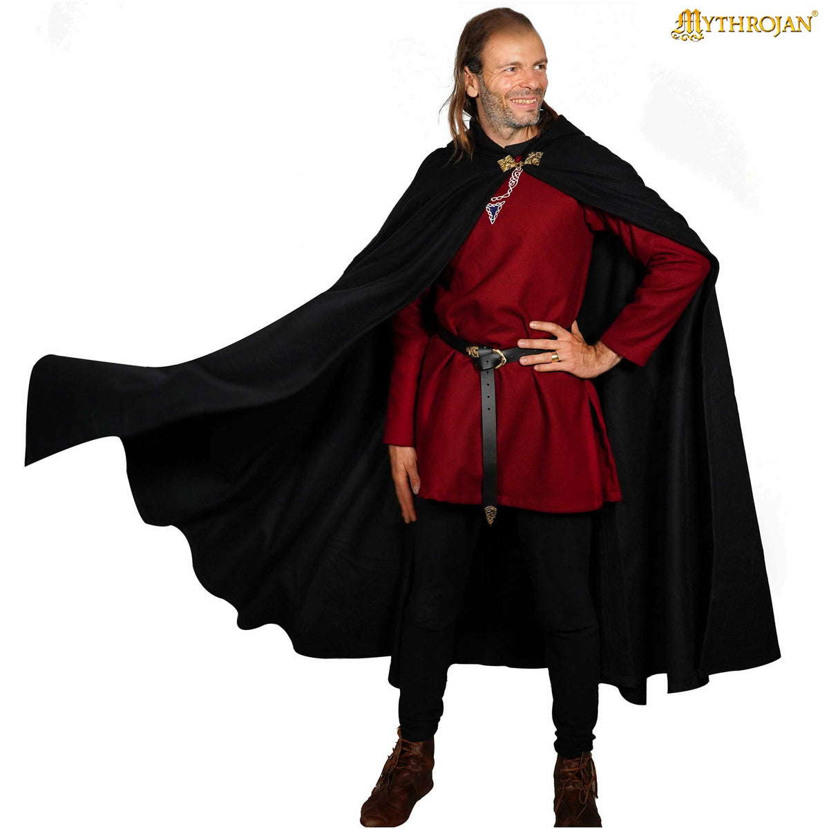 Mythrojan Woolen Hooded Cloak /Cape with BRASS BROOCH Medieval Wool Cape for Ranger LARP SCA Cosplay, Green , Large