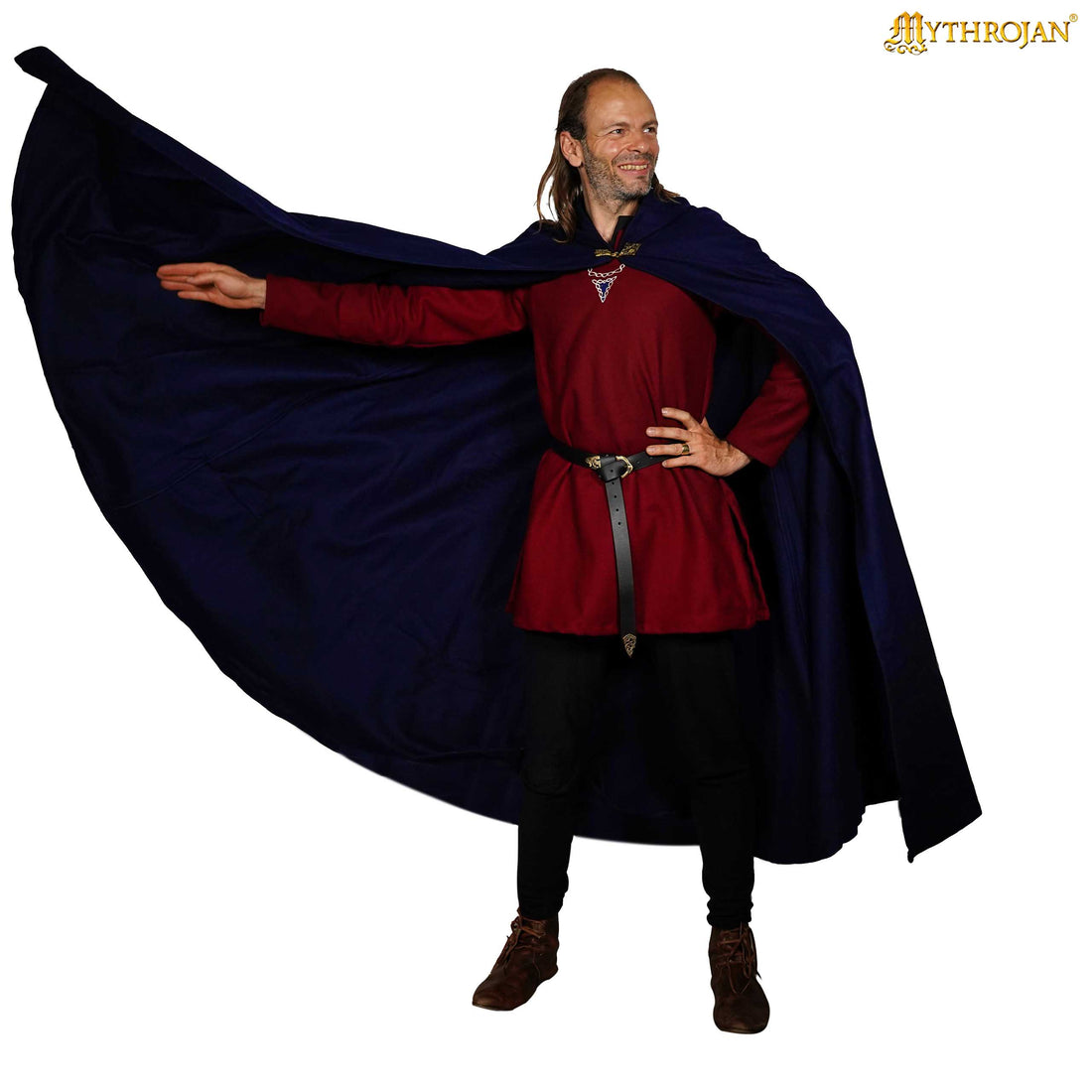 Mythrojan Woolen Hooded Cloak/Cape with BRASS BROOCH Medieval Wool Cape for Ranger LARP SCA Cosplay, Navy Blue, Large