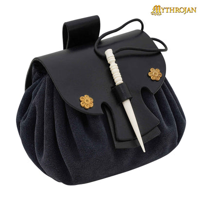 Mythrojan “ Gold and Dice ” Medieval Fantasy Belt Bag with Bone Needle Closure, Ideal for SCA LARP Reenactment &amp; Ren fair, Midnight Navy Blue , 3.5”