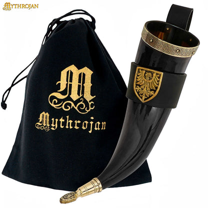 Mythrojan THE TOURNAMENT CHAMPION - Viking Drinking Horn with Brown Leather Holder Authentic Medieval Inspired Viking Wine/Mead Mug - Polished Finish