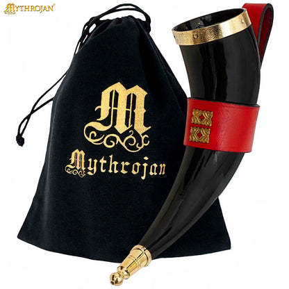 Mythrojan THE WEALTHY MERCHANT - Viking Drinking Horn with Leather Holder Authentic Medieval Inspired Viking Wine/Mead Mug - Polished Finish - 350 ML / Brown