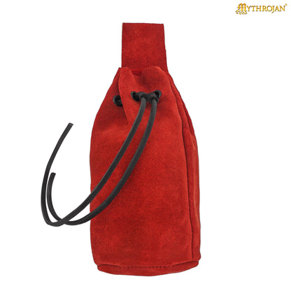 Mythrojan Medieval Drawstring Belt Bag, Ideal for SCA LARP Reenactment &amp; Ren Fair, Suede Leather, Cherry 8”×6.5”