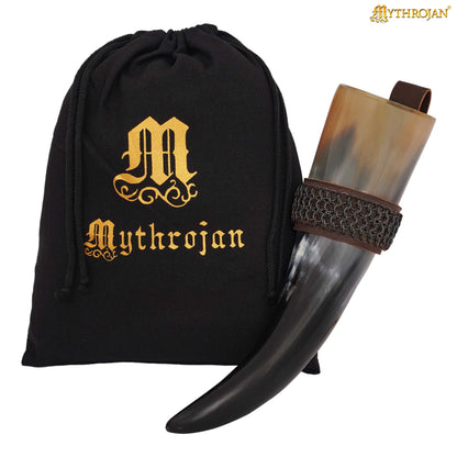 Mythrojan THE WITCHER COMPANION Viking Drinking Horn with Red Leather Holder Authentic Medieval Inspired Viking Wine/Mead Mug - Polished Finish