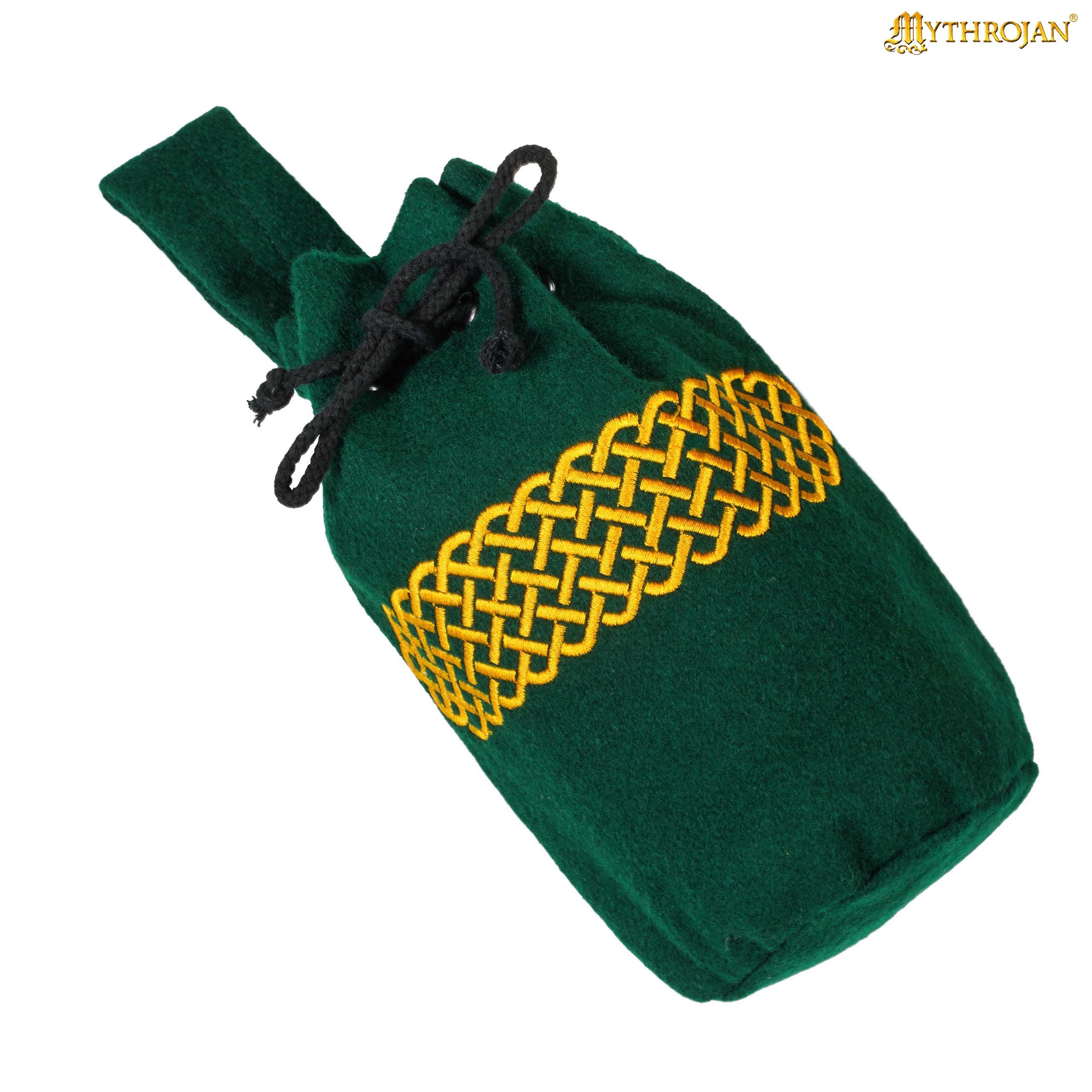 Mythrojan Embroidered Wool Drawstring Belt Pouch: Medieval Viking Celtic Bag Costume Accessories Coin Purse, 8” × 6.5”
