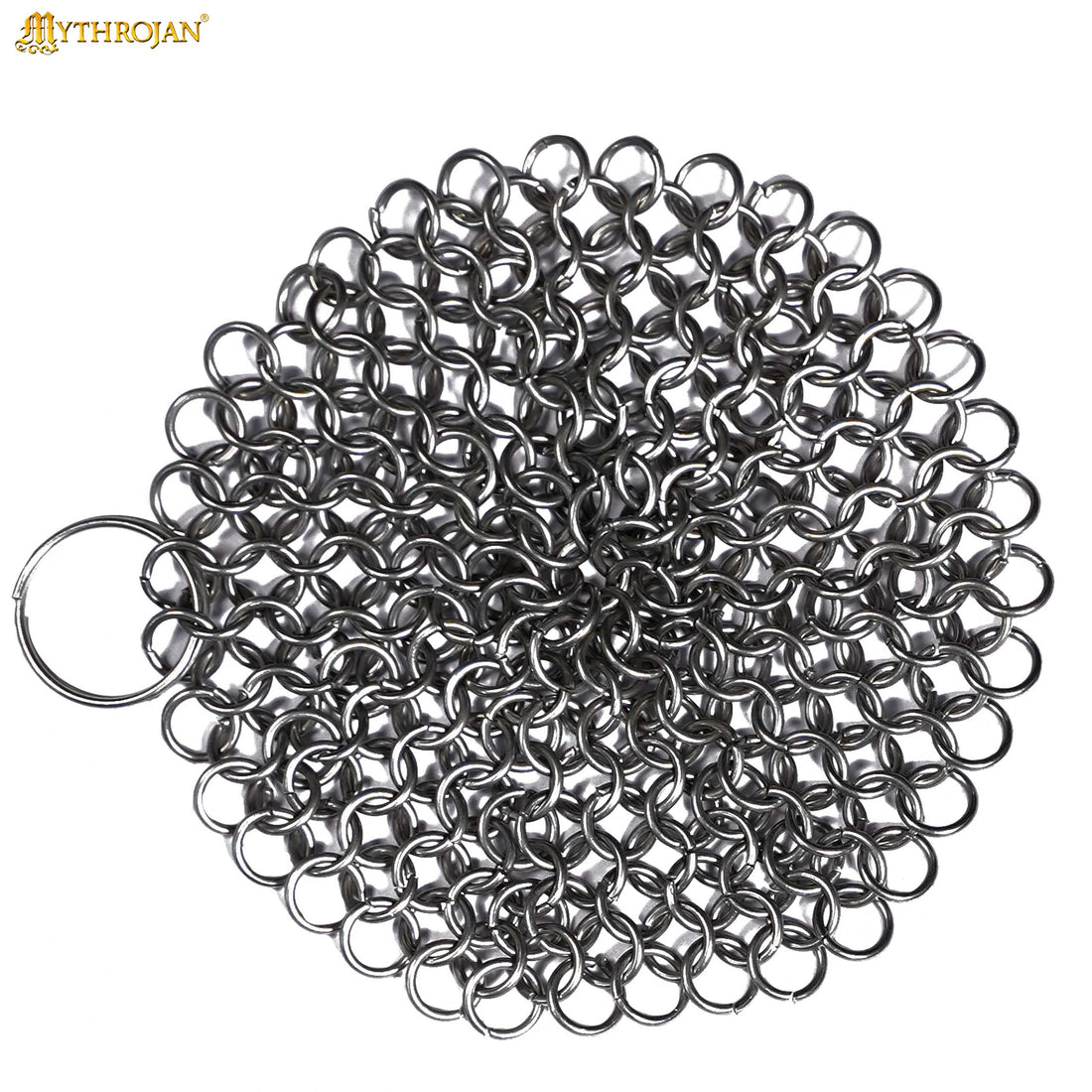 Mythrojan Chainmail Round Stainless Steel Scrubber, Ideal for Cleaning Cast Iron Skillet, Wok, Cooking Pot, Griddle or Cast Iron Cauldron Maintenance, Diameter: 4.7”