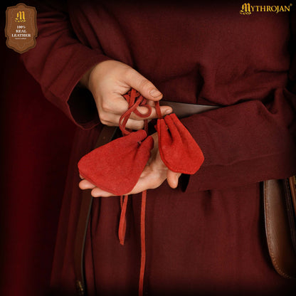 Mythrojan Pair of Medieval Drawstring Pouches, Ideal for SCA LARP Reenactment &amp; Ren fair - Suede Leather, Yellow