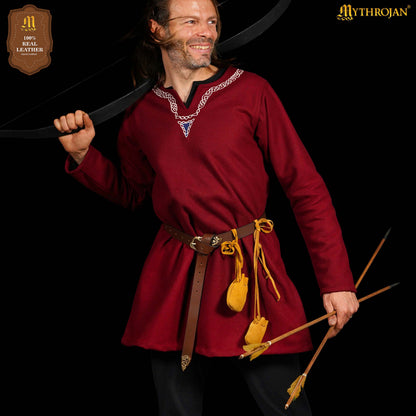 Mythrojan Pair of Medieval Drawstring Pouches, Ideal for SCA LARP Reenactment &amp; Ren fair - Suede Leather, Yellow