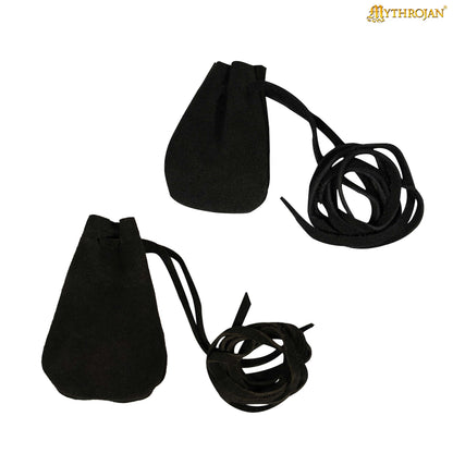 Mythrojan Pair of Medieval Drawstring Pouches, Ideal for SCA LARP Reenactment &amp; Ren fair - Suede Leather, Black