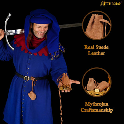 Mythrojan Pair of Medieval Drawstring Pouches, Ideal for SCA LARP Reenactment &amp; Ren fair - Suede Leather, Brown