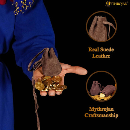 Mythrojan Pair of Medieval Drawstring Pouches, Ideal for SCA LARP reenactment &amp; Ren fair-Suede Leather, Chocolate Brown