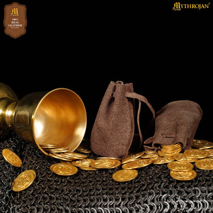 Mythrojan Pair of Medieval Drawstring Pouches, Ideal for SCA LARP Reenactment &amp; Ren fair - Suede Leather, Yellow